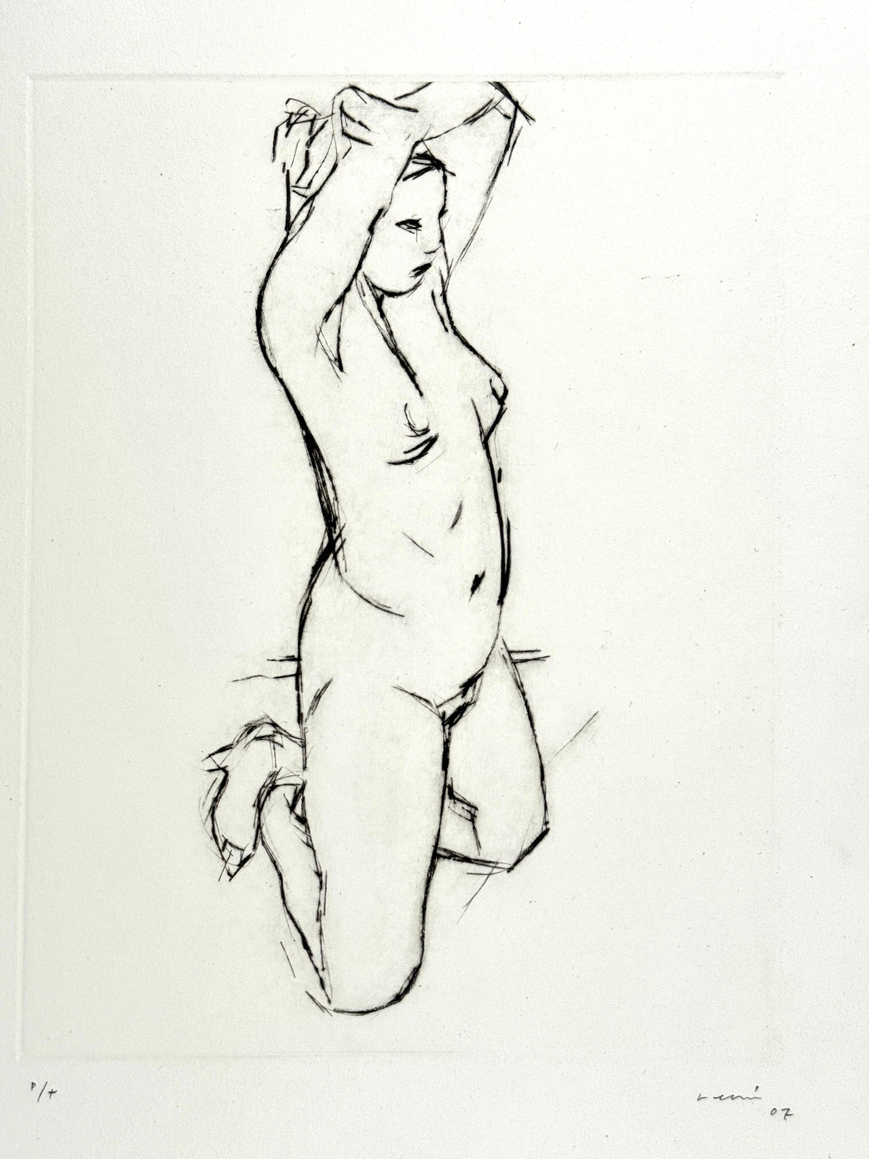 « Study of nude woman », 2007 , gravure originale signée de l'artiste mexicain à la pointe sèche - Print de Javier Arean