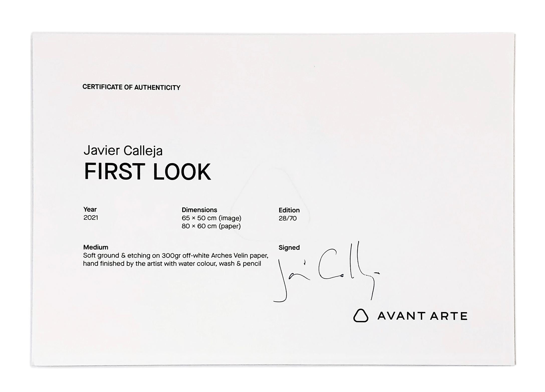Printed on 300gr off-white Arches velin paper, combining a traditional soft ground etching using a copper plate with unique hand-finished elements in pencil and watercolor.  Hand signed lower right by Javier Calleja.  Hand numbered 28/70 lower left.