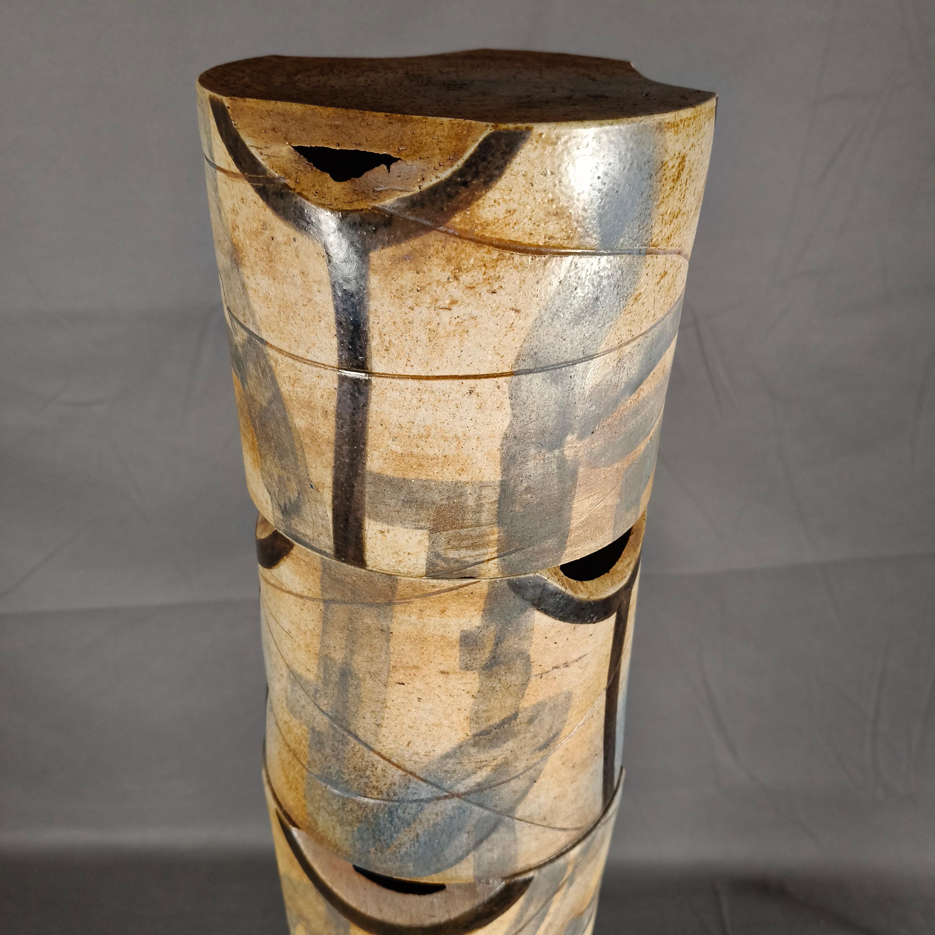 Mexican Javier Cervantes Hand-Painted High Temperature Ceramic Column Sculpture For Sale