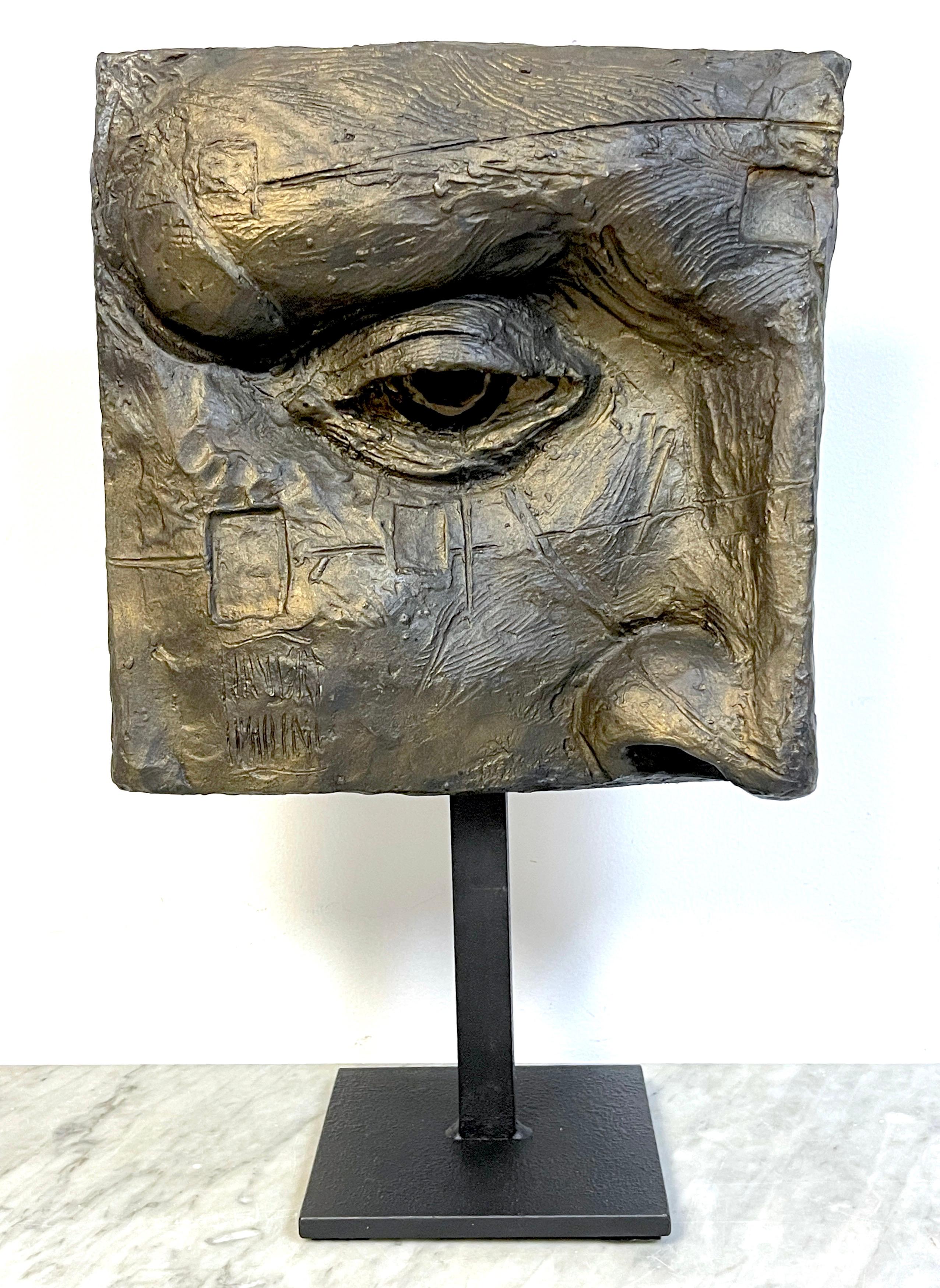 Javier Marín, bronzed & gilt Fiberglass Mounted Facial Portrait Plaque #I*
Mexico, 1990s
*#I is our inventory number, for the collection of our Javier Marín sculptures. 

A study of a mans right quarter face with expressive eye, and defined