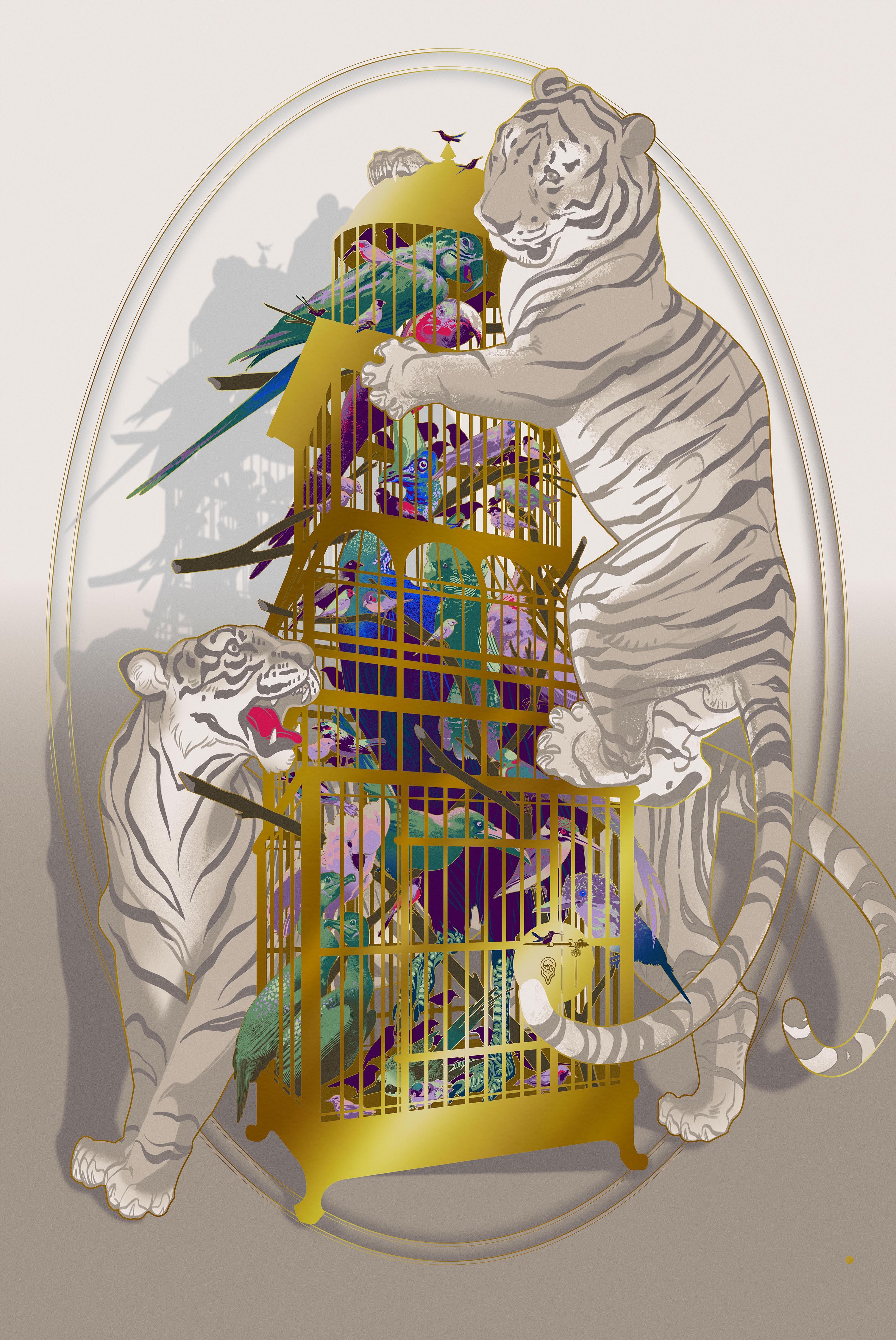 Jaw cooper Animal Print - Aviary Gold Embellished Screenprint Limited Edition Tigers and Birds