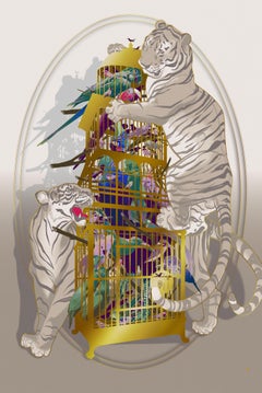 Air Aviary Gold verzierter Siebdruck Tiger und Vögel in limitierter Auflage