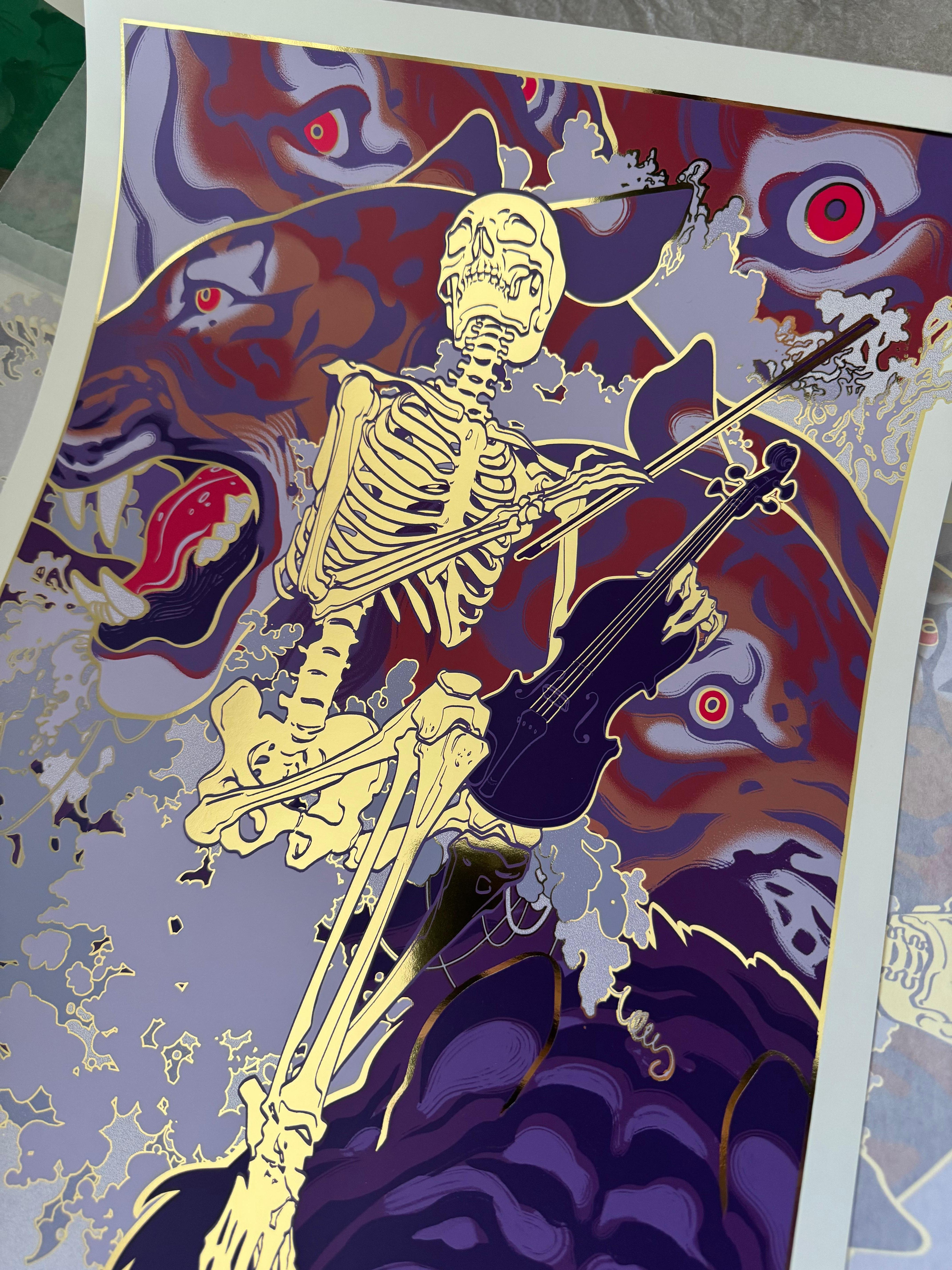 Soothe 9 Color Screen print on gold foil paper Tiger skeleton illustration For Sale 1
