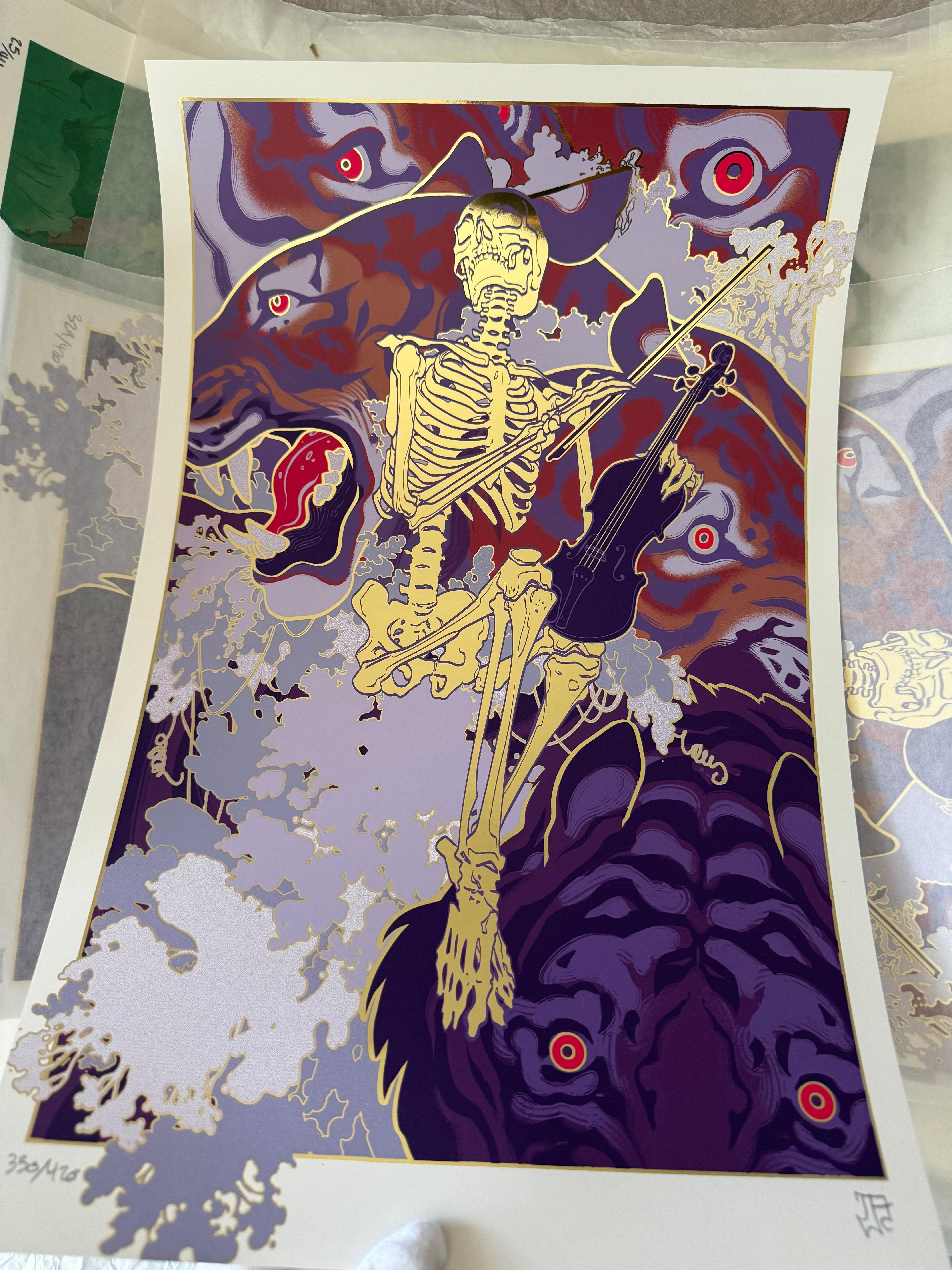 Jaw cooper Abstract Print - Soothe 9 Color Screen print on gold foil paper Tiger skeleton illustration
