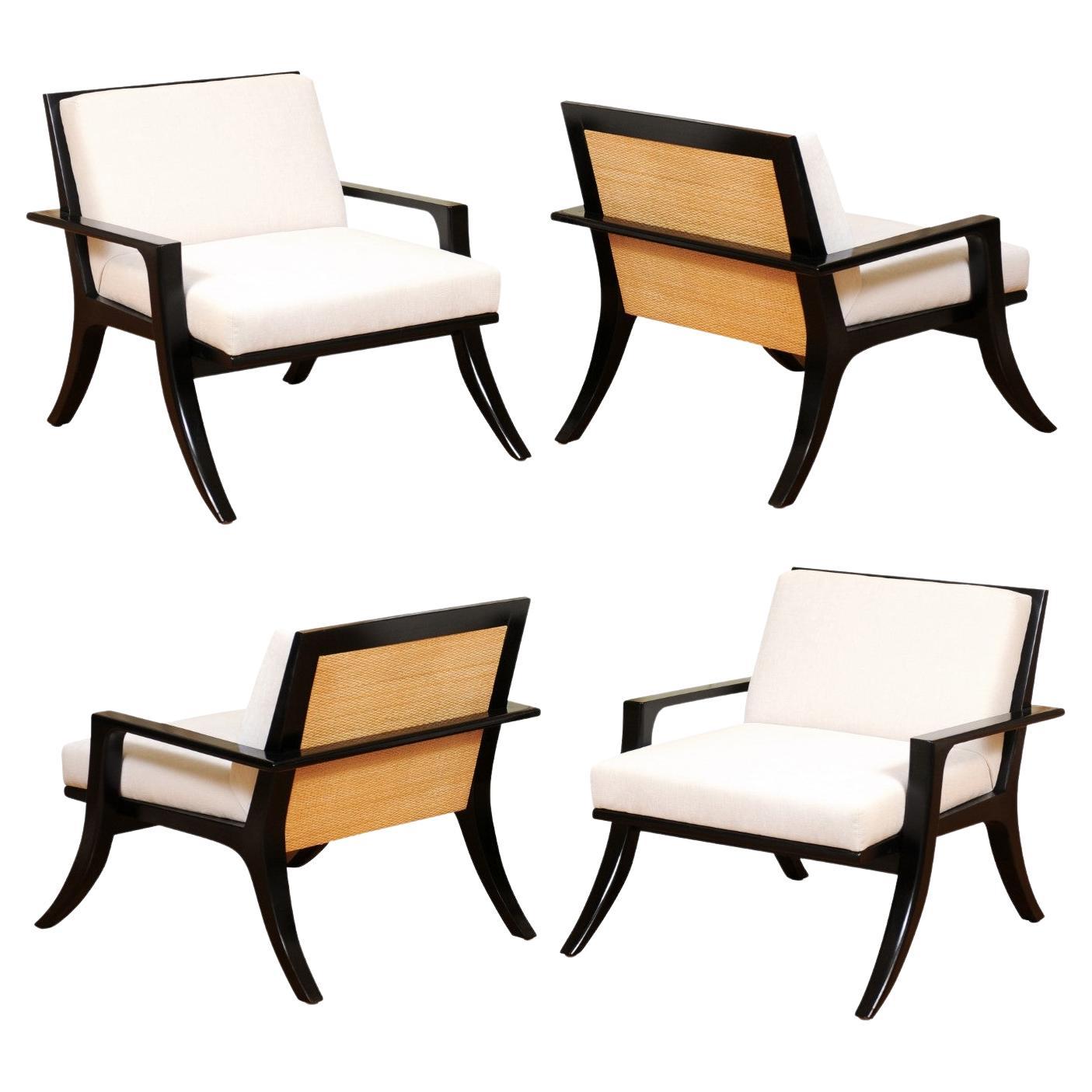 Jaw-Dropping Pair of Cane Klismos Loungers in Black Lacquer, 2 Pair Available