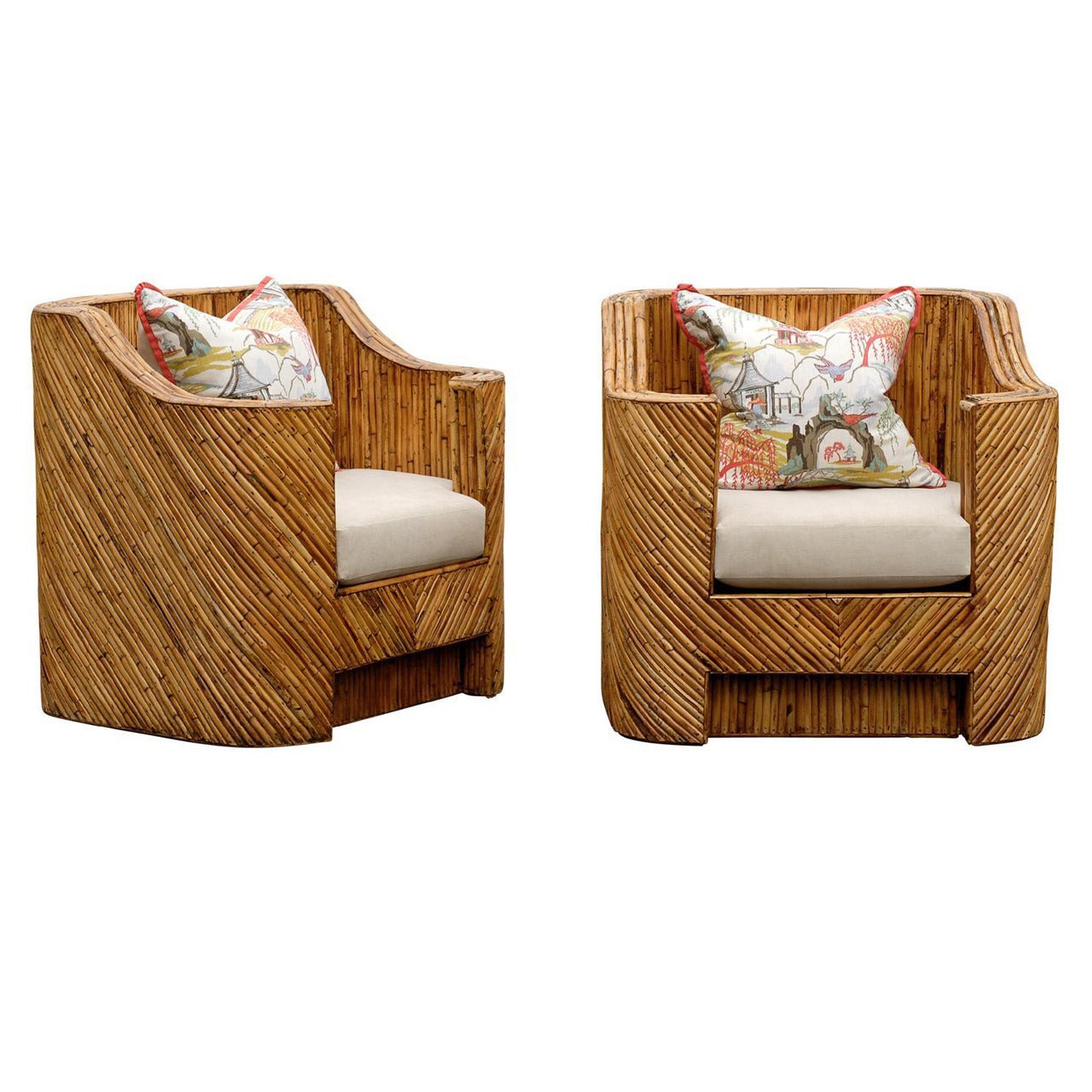 Jaw-Dropping Pair of Restored Vintage Split Bamboo Club Chairs, c 1970