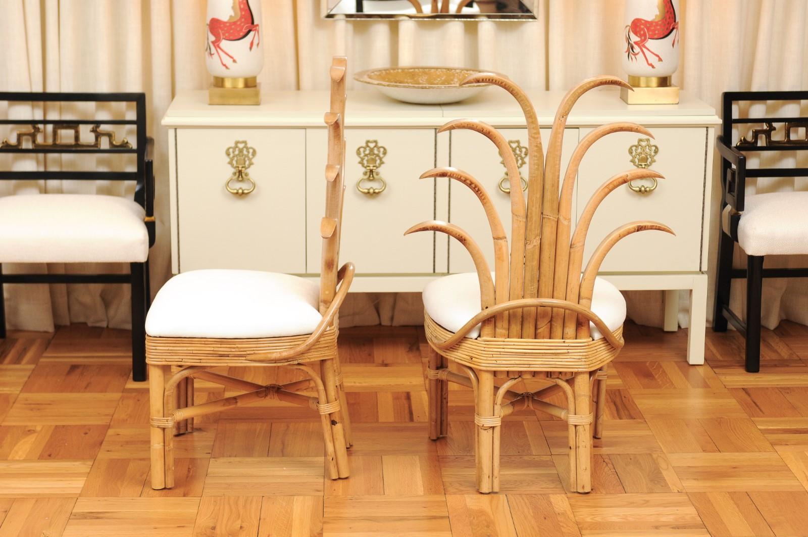 Exquisite Set of 10 Rattan and Cane Palm Frond Dining Chairs, circa 1950 For Sale 5