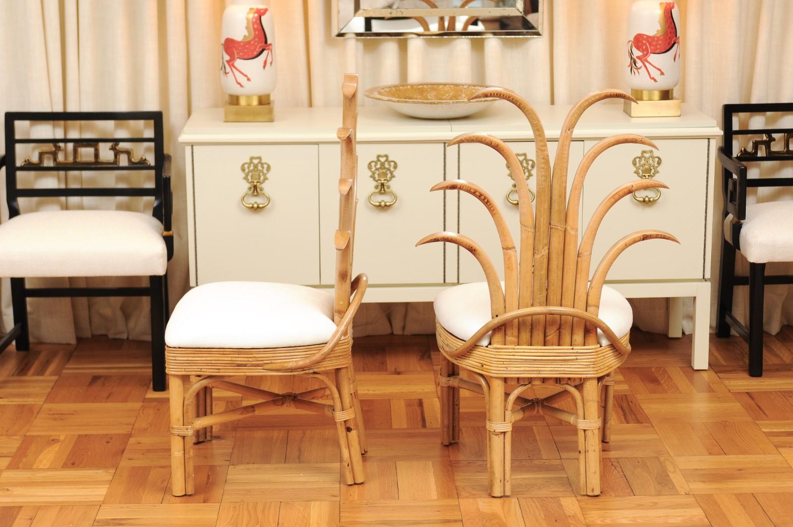 Exquisite Set of 10 Rattan and Cane Palm Frond Dining Chairs, circa 1950 For Sale 13