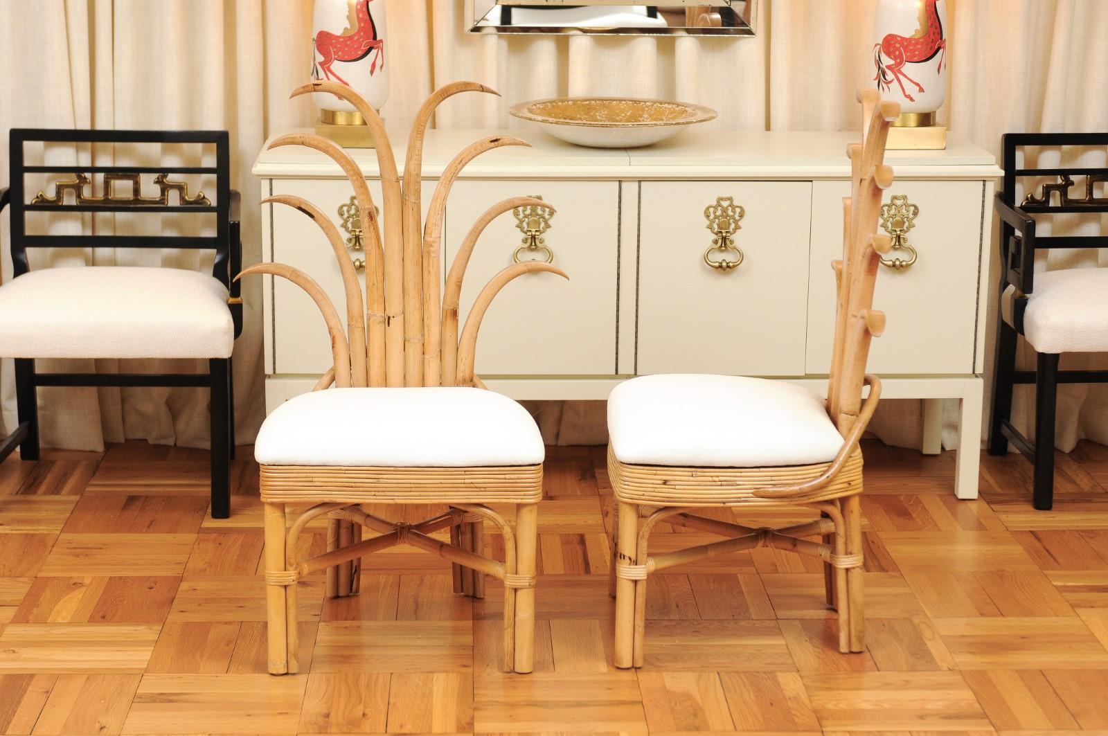 Exquisite Set of 10 Rattan and Cane Palm Frond Dining Chairs, circa 1950 For Sale 7