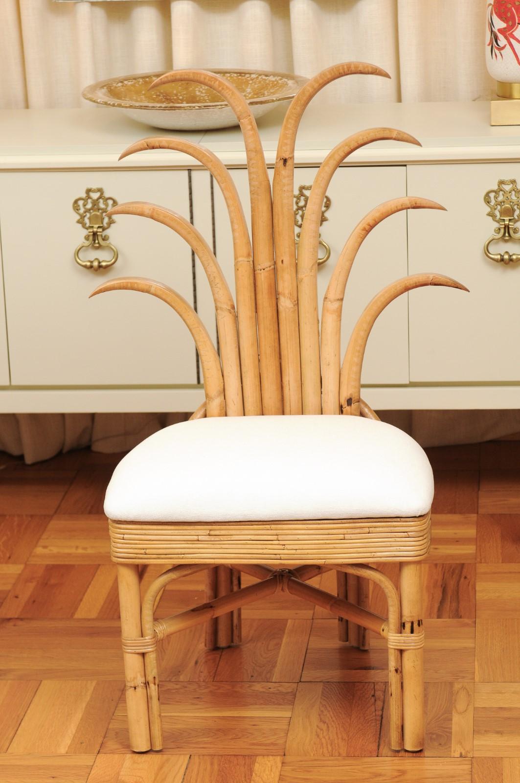 Exquisite Set of 10 Rattan and Cane Palm Frond Dining Chairs, circa 1950 In Excellent Condition For Sale In Atlanta, GA