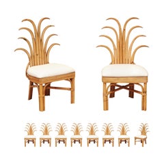 Exquisite Set of 10 Rattan and Cane Palm Frond Dining Chairs, circa 1950