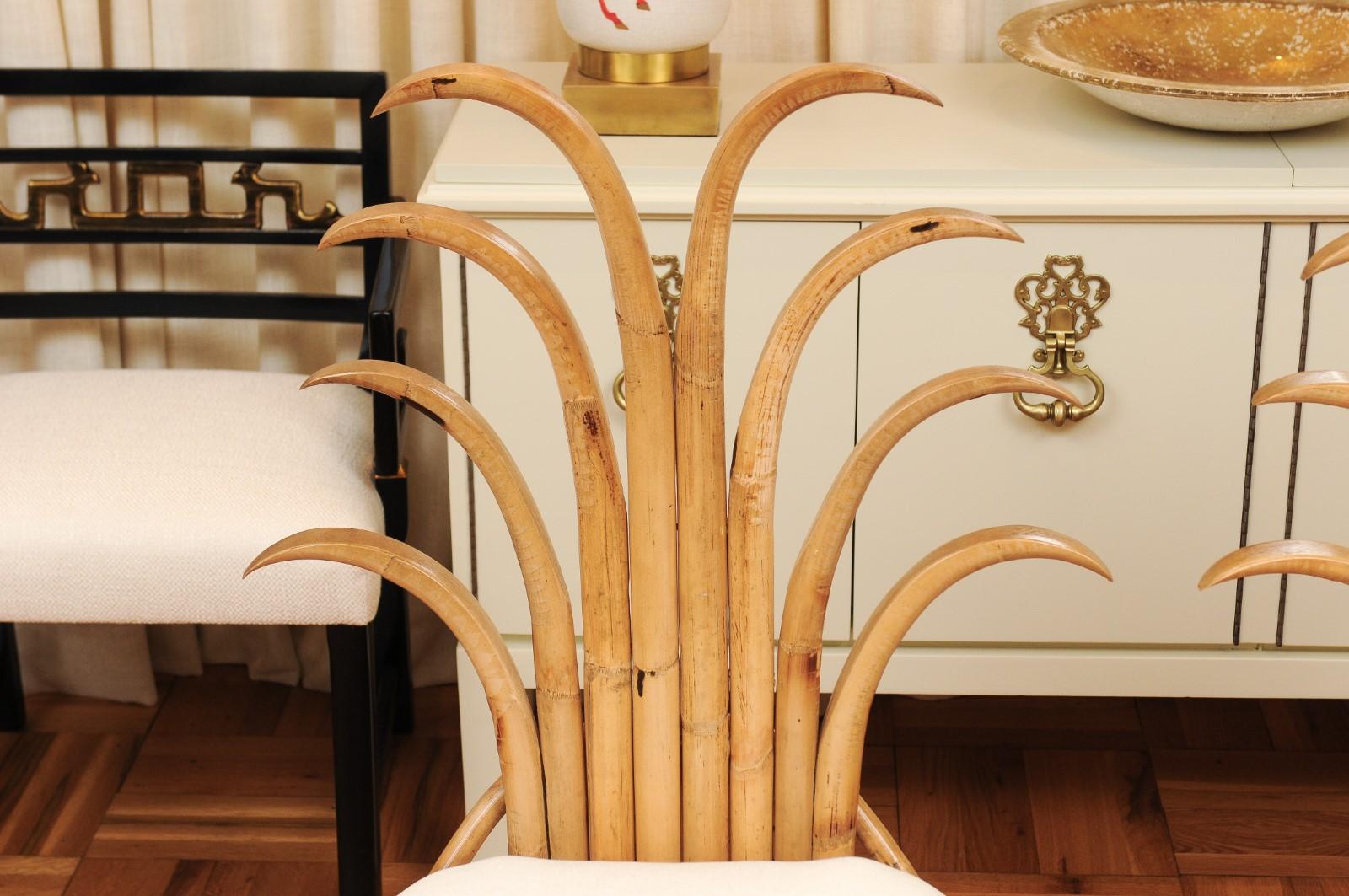 Exquisite Set of 12 Rattan and Cane Palm Frond Dining Chairs, circa 1950 For Sale 12