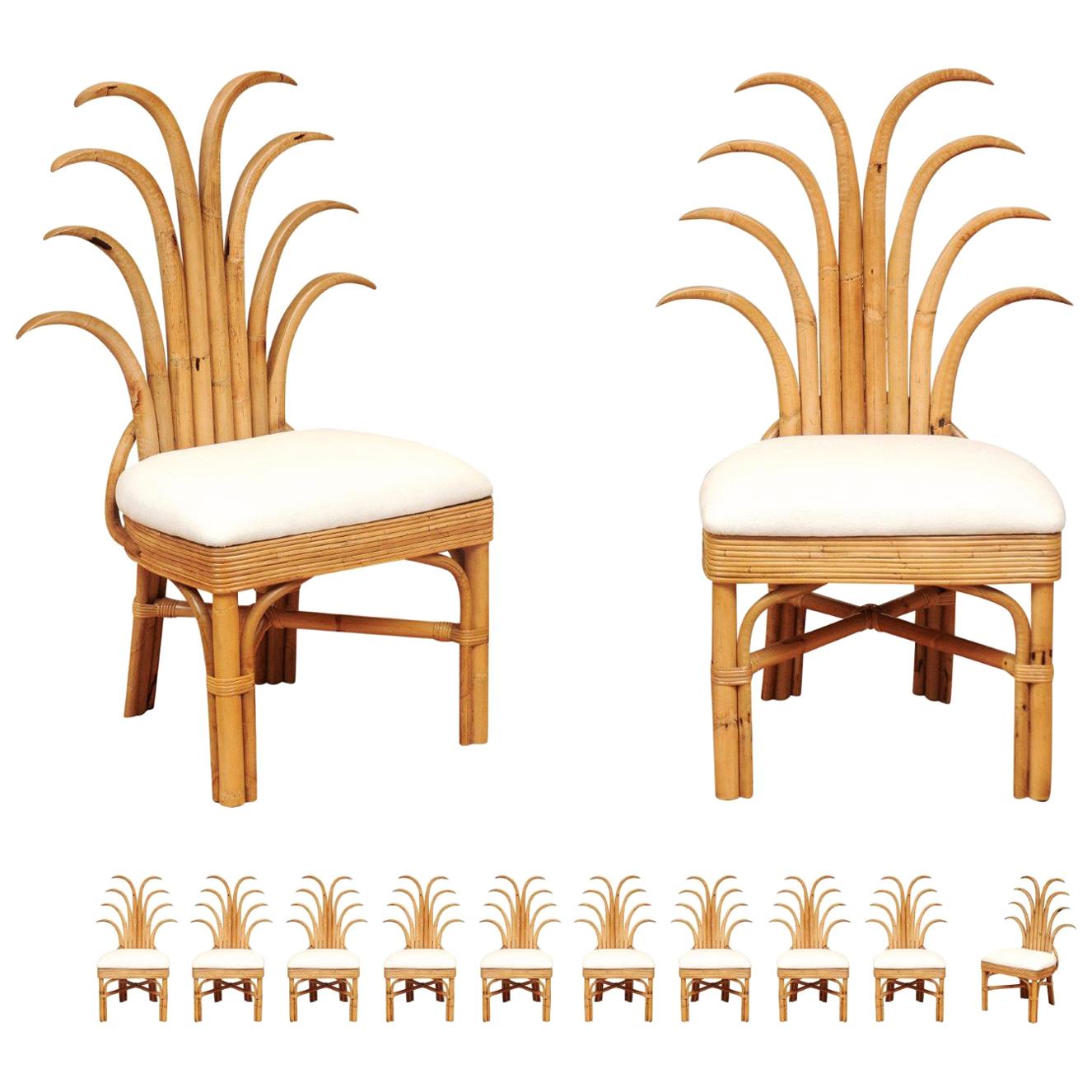 Exquisite Set of 12 Rattan and Cane Palm Frond Dining Chairs, circa 1950