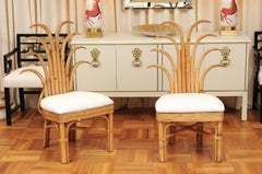 Exquisite Set of 8 Vintage Rattan and Cane Palm Frond Dining Chairs, circa 1950