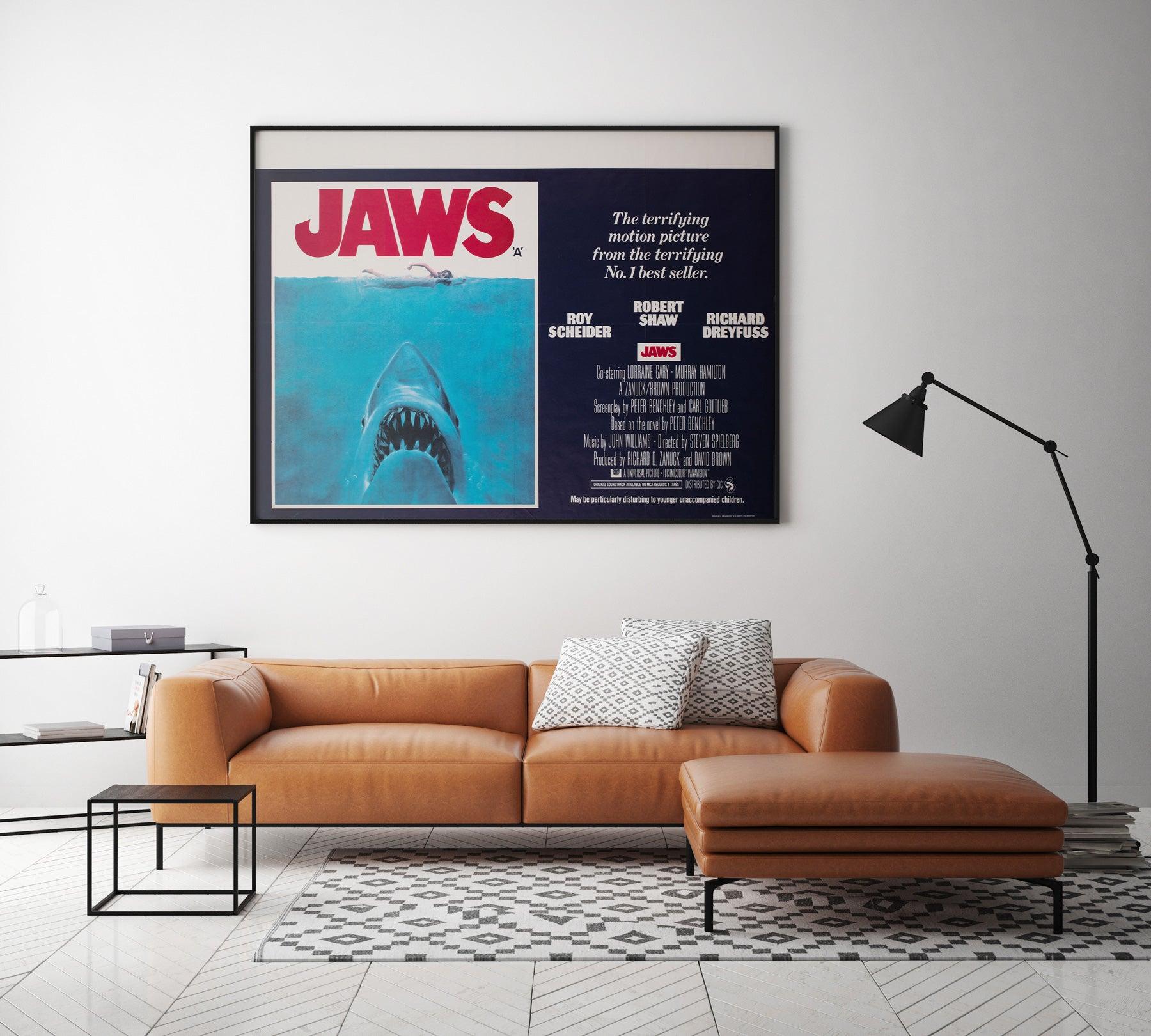 The poster with plenty of bite.

The UK Quad for Steven Spielberg’s seminal 70s Shark chiller Jaws, featuring the classic Roger Kastel artwork.

This vintage movie poster is sized 30 x 40 inches (plus a little more with the linen-backing). It will
