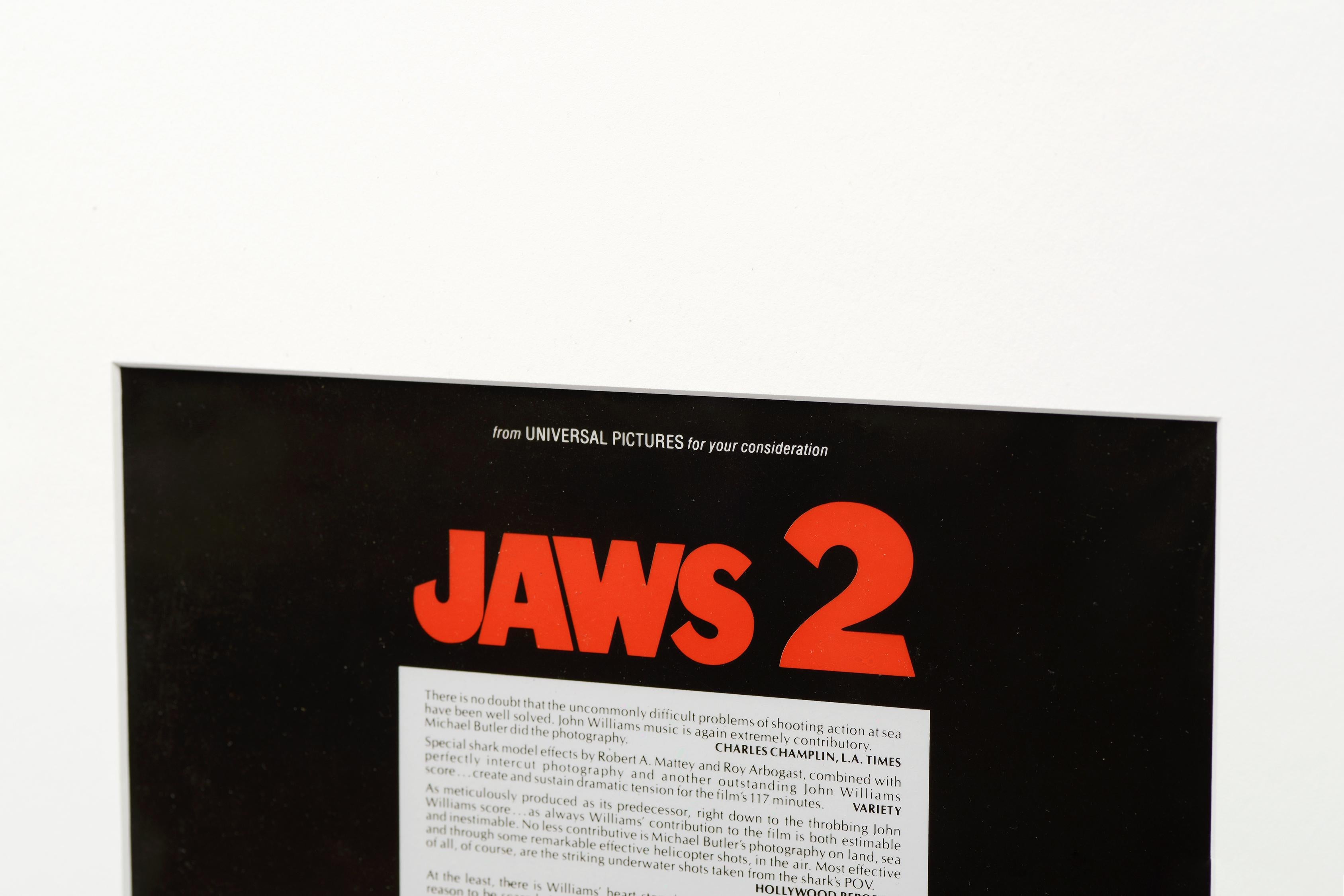 Authentic Hollywood memorabilia! Vintage movie advertisement art transparency for Jaws 2, 1978. Newly prepared with new custom acid-free overlay mat and protective plastic sleeve. Overall in excellent vintage condition with very gentle surface wear.