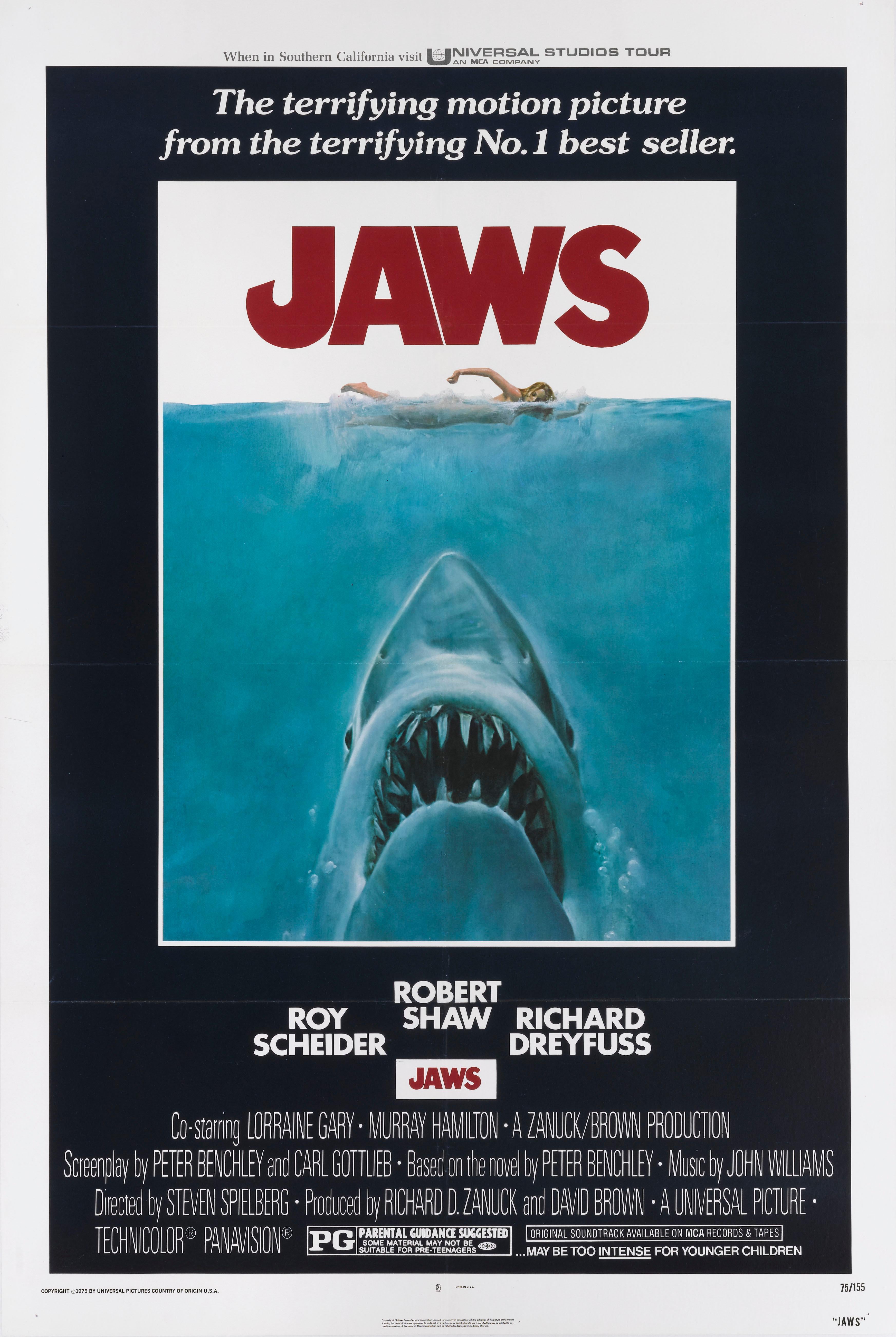 Original US film poster for Jaws (1975)
Jaws invented the summer blockbuster and was a massive hit that shattered box office records. It was the film that propelled Steven Spielberg to international fame, and frightened a whole generation out of