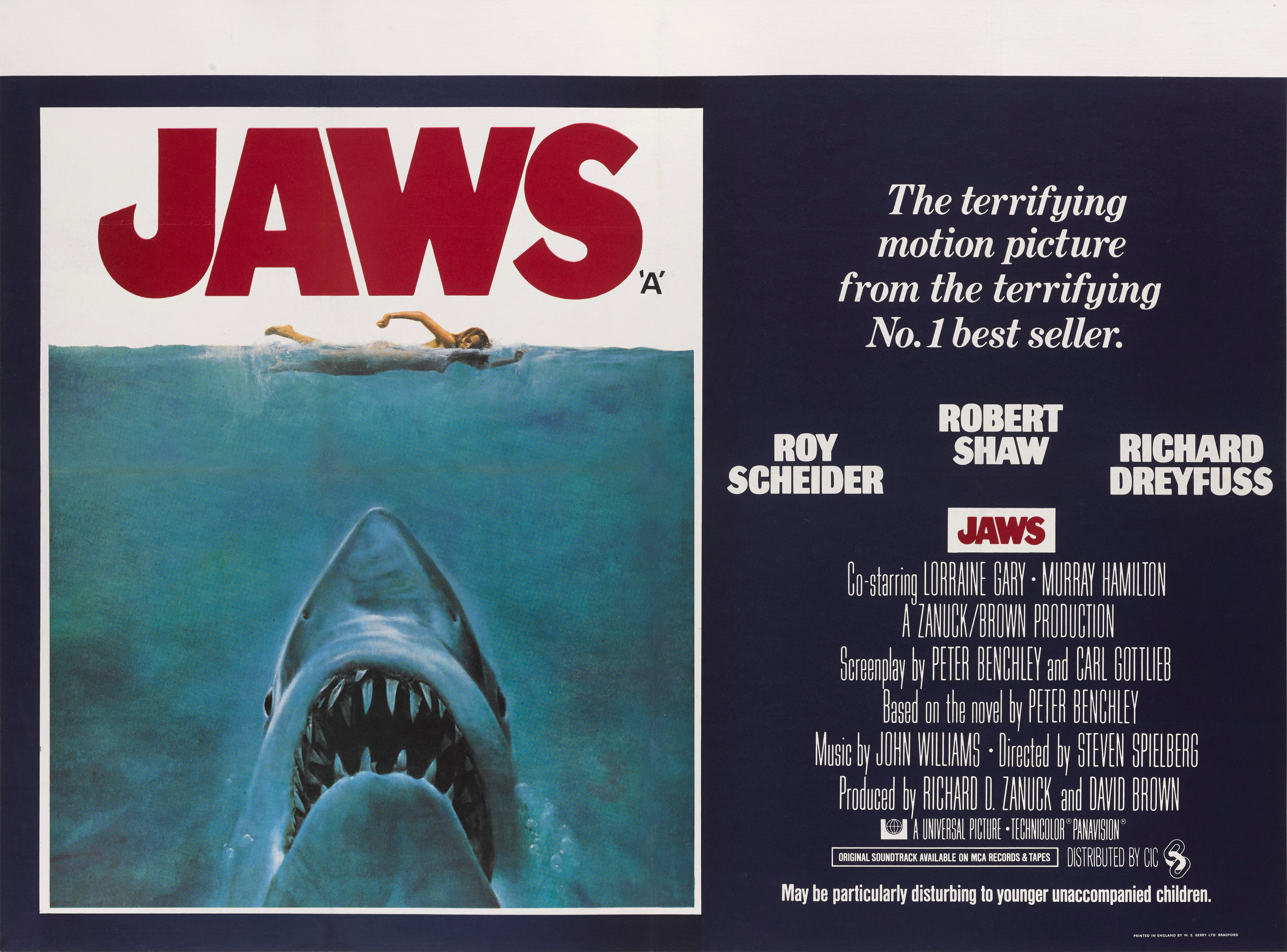Original British film poster for Jaws, (1975)
Jaws invented the summer blockbuster and was a massive hit that shattered box office records. It was the film that propelled Steven Spielberg to international fame, and frightened a whole generation out