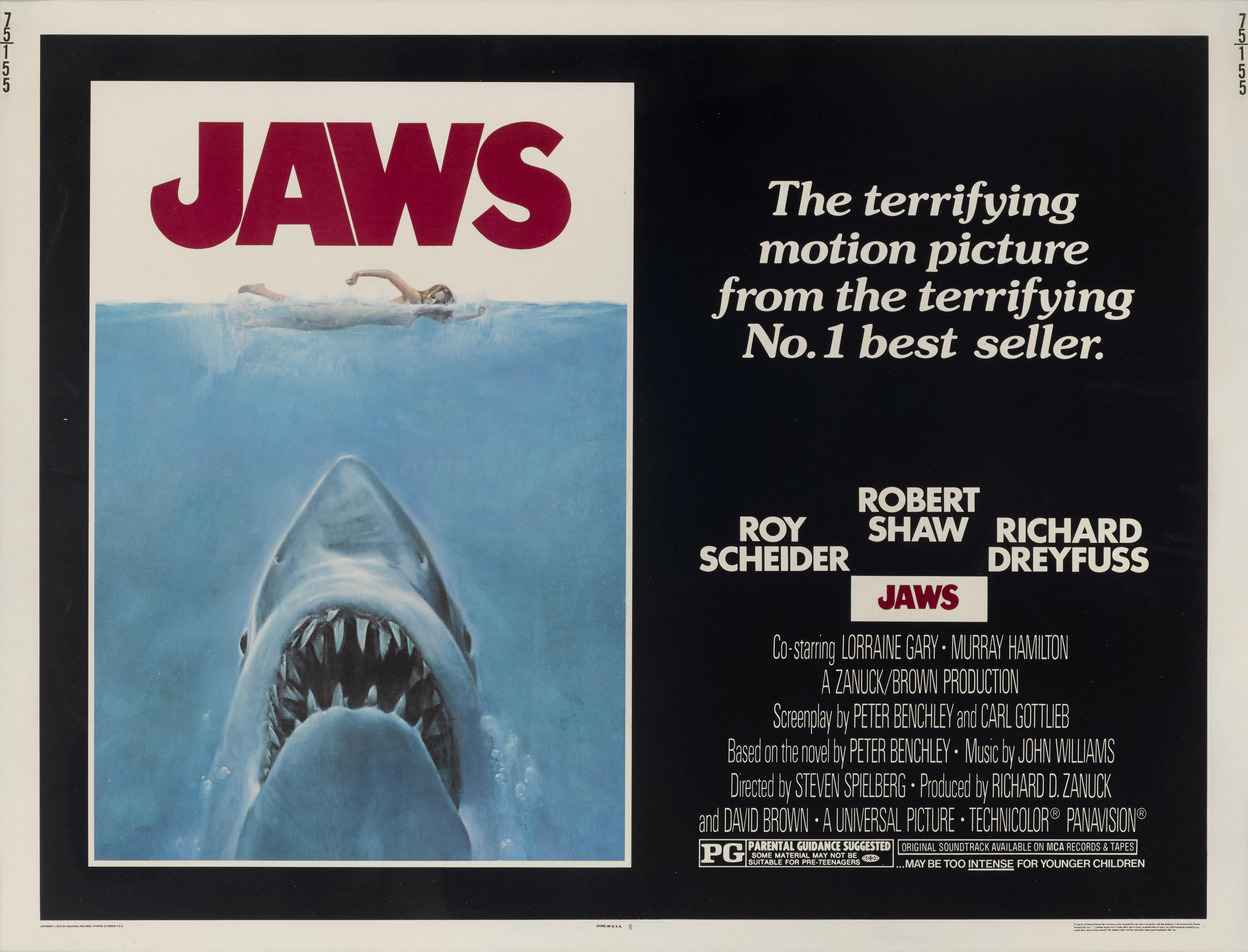 Original US film poster for Jaws, (1975)
Jaws invented the summer blockbuster and was a massive hit that shattered box office records. It was the film that propelled Steven Spielberg to international fame, and frightened a whole generation out of