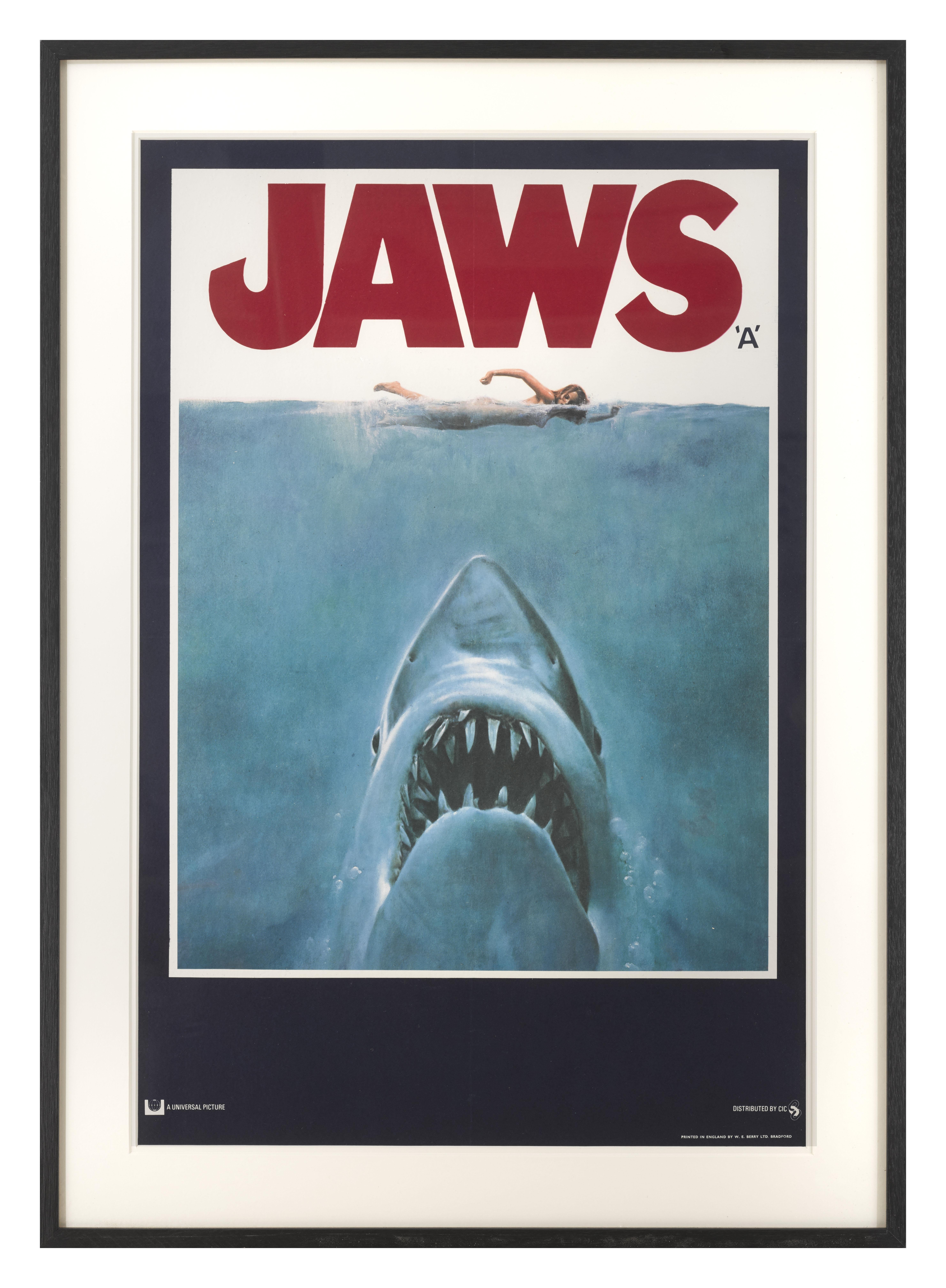 Affiche originale du film britannique Les Dents de la mer 1975. Ce film a inventé le blockbuster de l'été et a été un énorme succès qui a pulvérisé les records du box-office. C'est le film qui a propulsé Steven Spielberg à la renommée