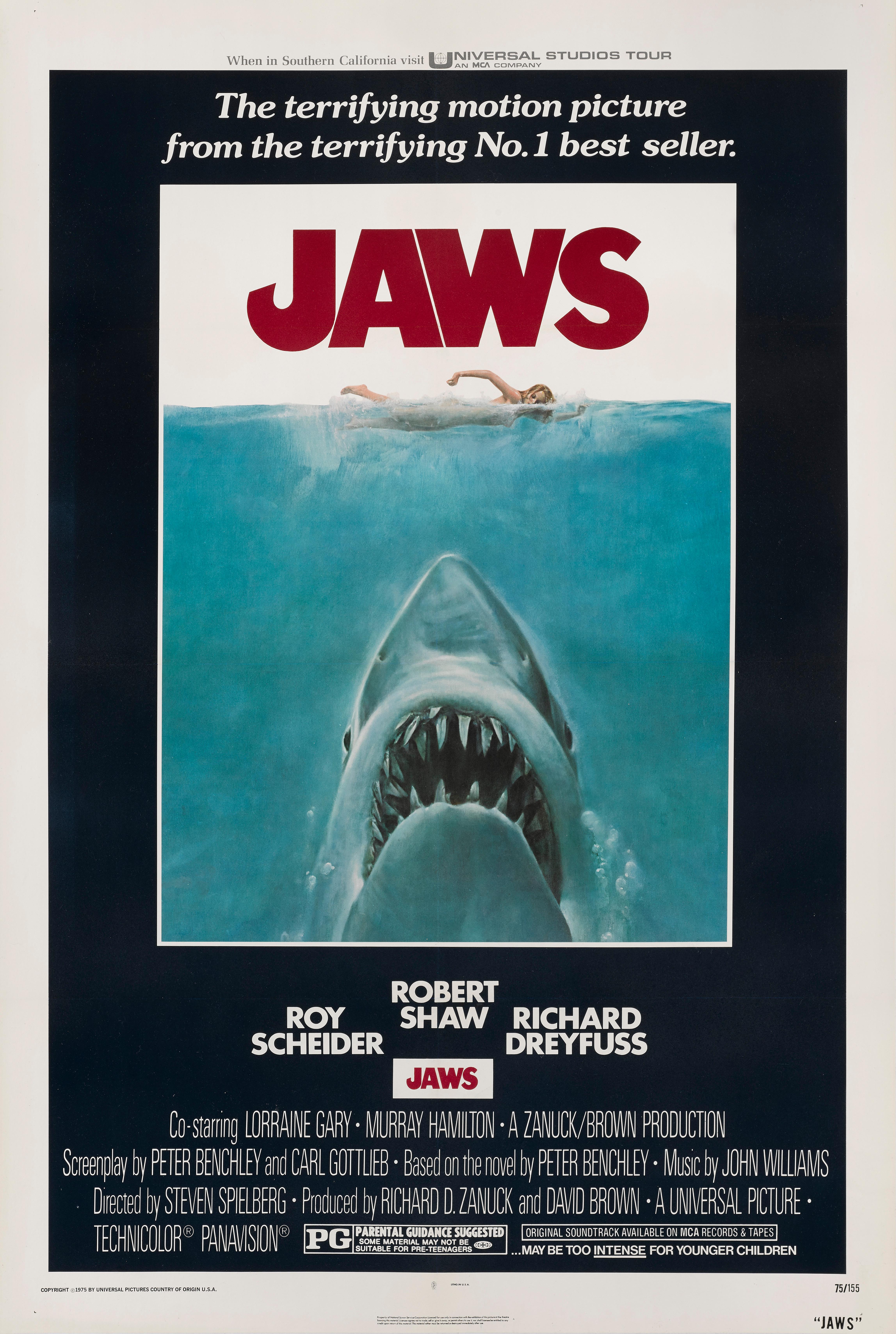 Original US-Filmplakat für Jaws (1975)
Der Weiße Hai hat den Sommerblockbuster erfunden und war ein Riesenerfolg, der an den Kinokassen alle Rekorde brach. Es war der Film, der Steven Spielberg zu internationalem Ruhm verhalf und eine ganze