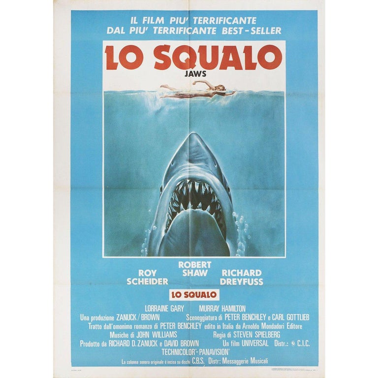 Original 1970s re-release Italian due fogli poster for the film Jaws directed by Steven Spielberg with Roy Scheider / Robert Shaw / Richard Dreyfuss / Lorraine Gary. Fine condition, folded. Many original posters were issued folded or were
