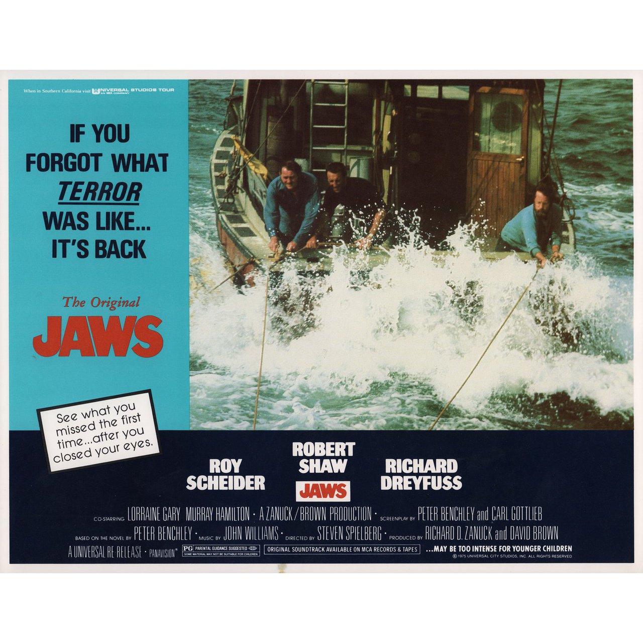 Original 1979 re-release U.S. scene card for the 1975 film 'Jaws' directed by Steven Spielberg with Roy Scheider / Robert Shaw / Richard Dreyfuss / Lorraine Gary. Fine condition. Please note: the size is stated in inches and the actual size can vary