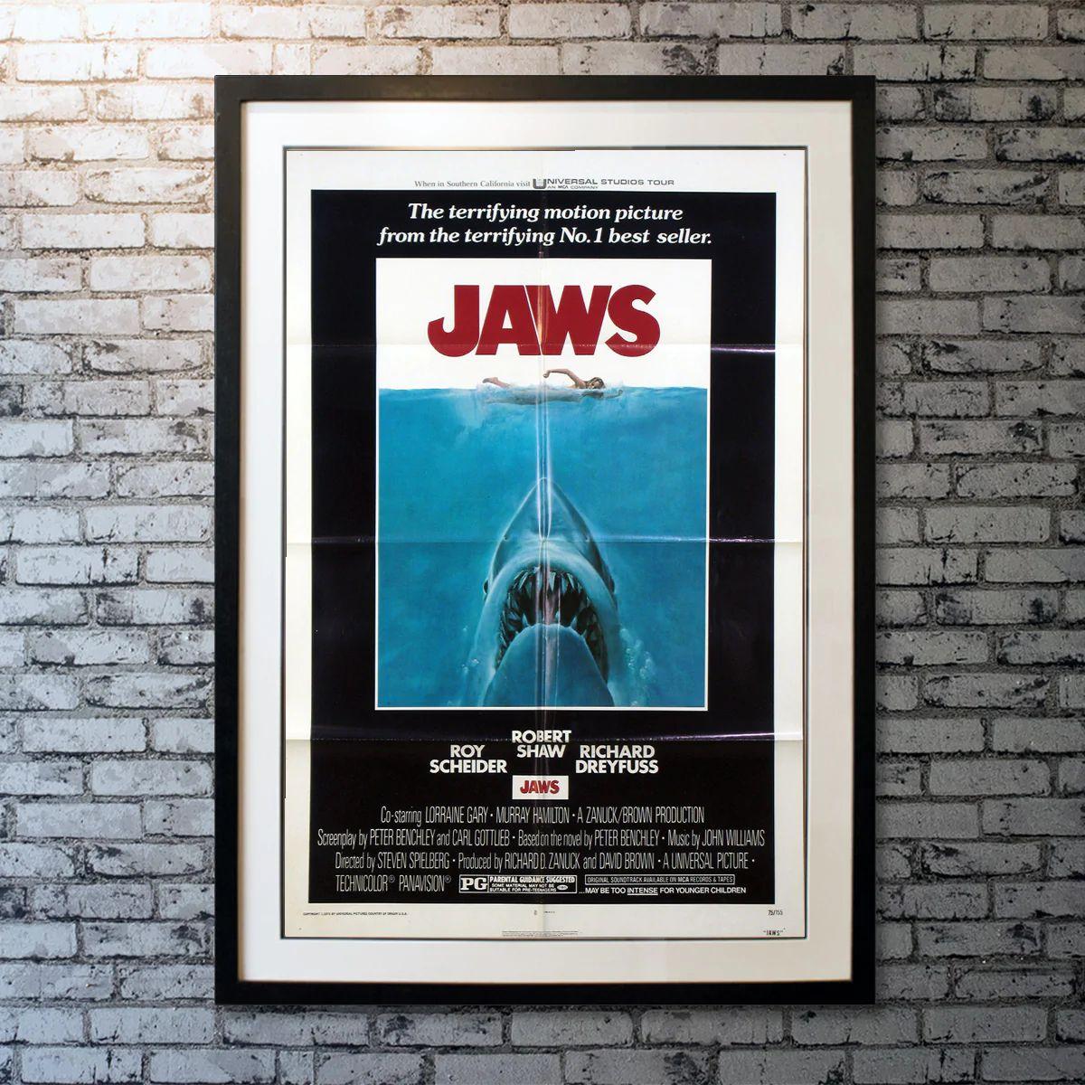 Jaws, Unframed Poster, 1975

Original One Sheet (27 X 41 Inches). This is a very rare 1975 original National Screen Service US One Sheet (domestic version) with the domestic PG-Rating Box.  Jaws invented the summer blockbuster and was a massive hit