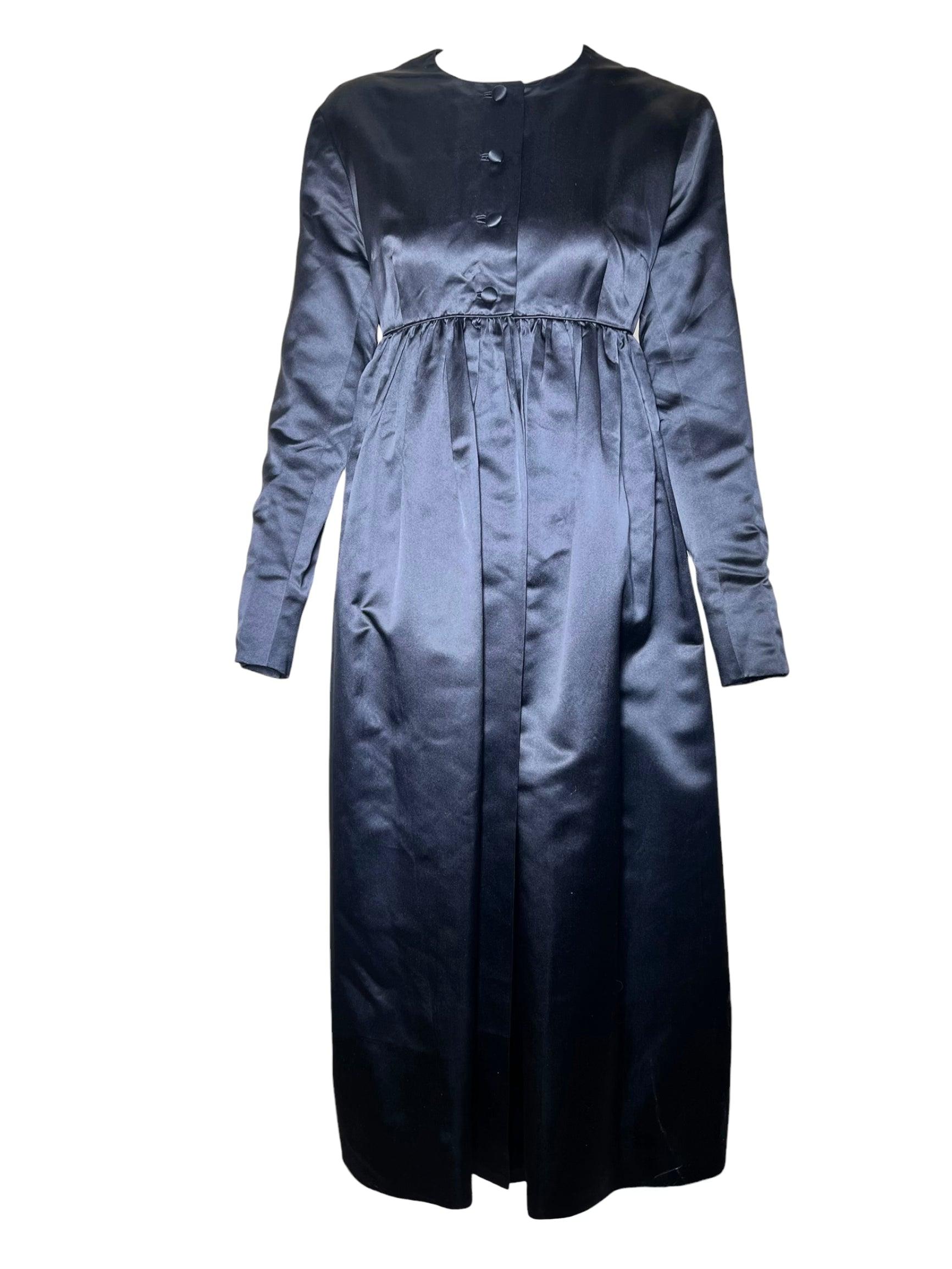 JAX Glamouröser schwarzer Satin-Baby-Puppen-Abendmantel in voller Länge, 1960er Jahre
