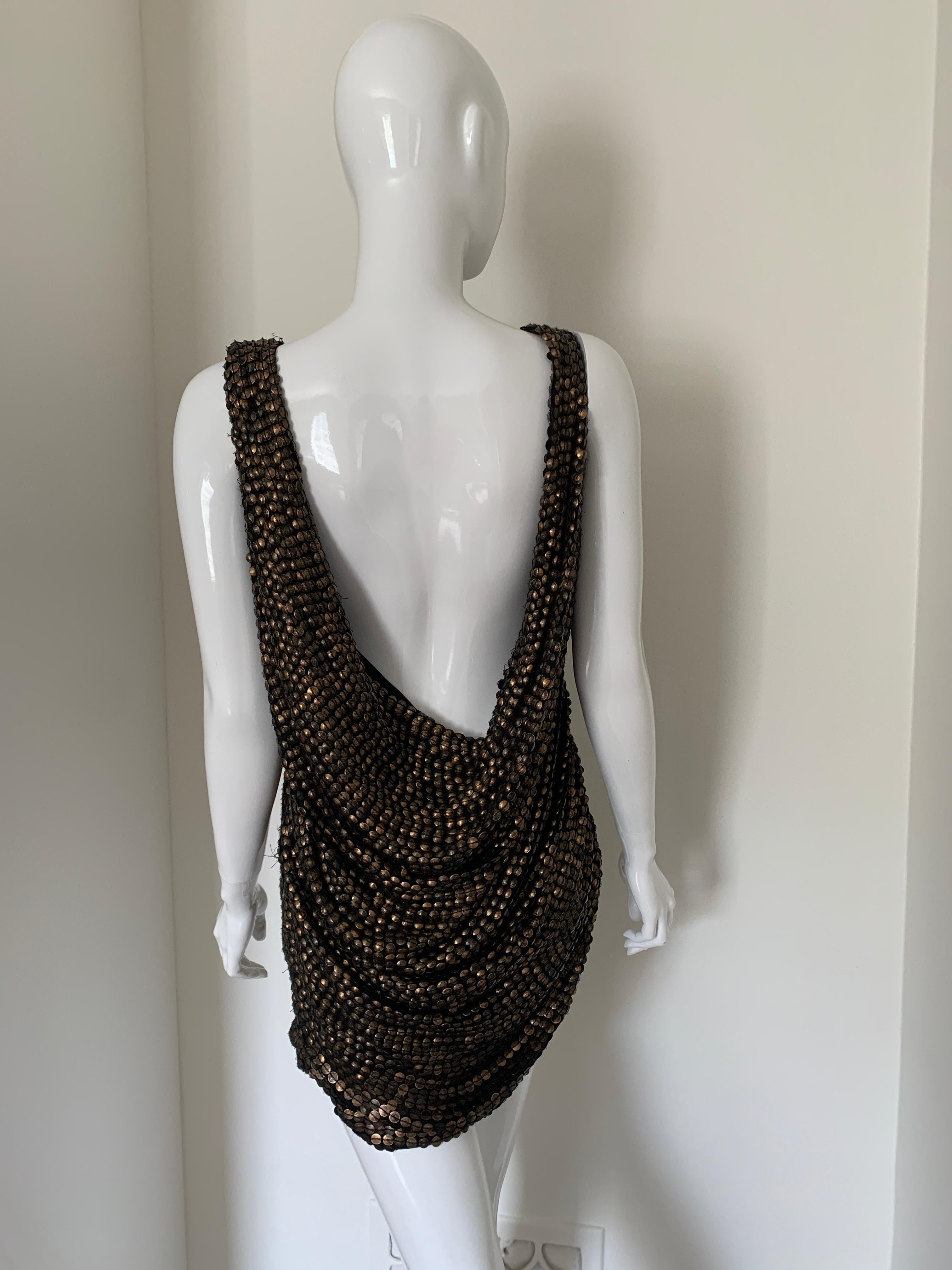 Jay Ahr Black Silk and Brown Sequin Cocktail Dress Size Small. 
High neck with low hanging back. Brown, flat metallic sequins layover black silk to create this truly unique look. 

Double-lined in 100% silk

Tags are still on - but some