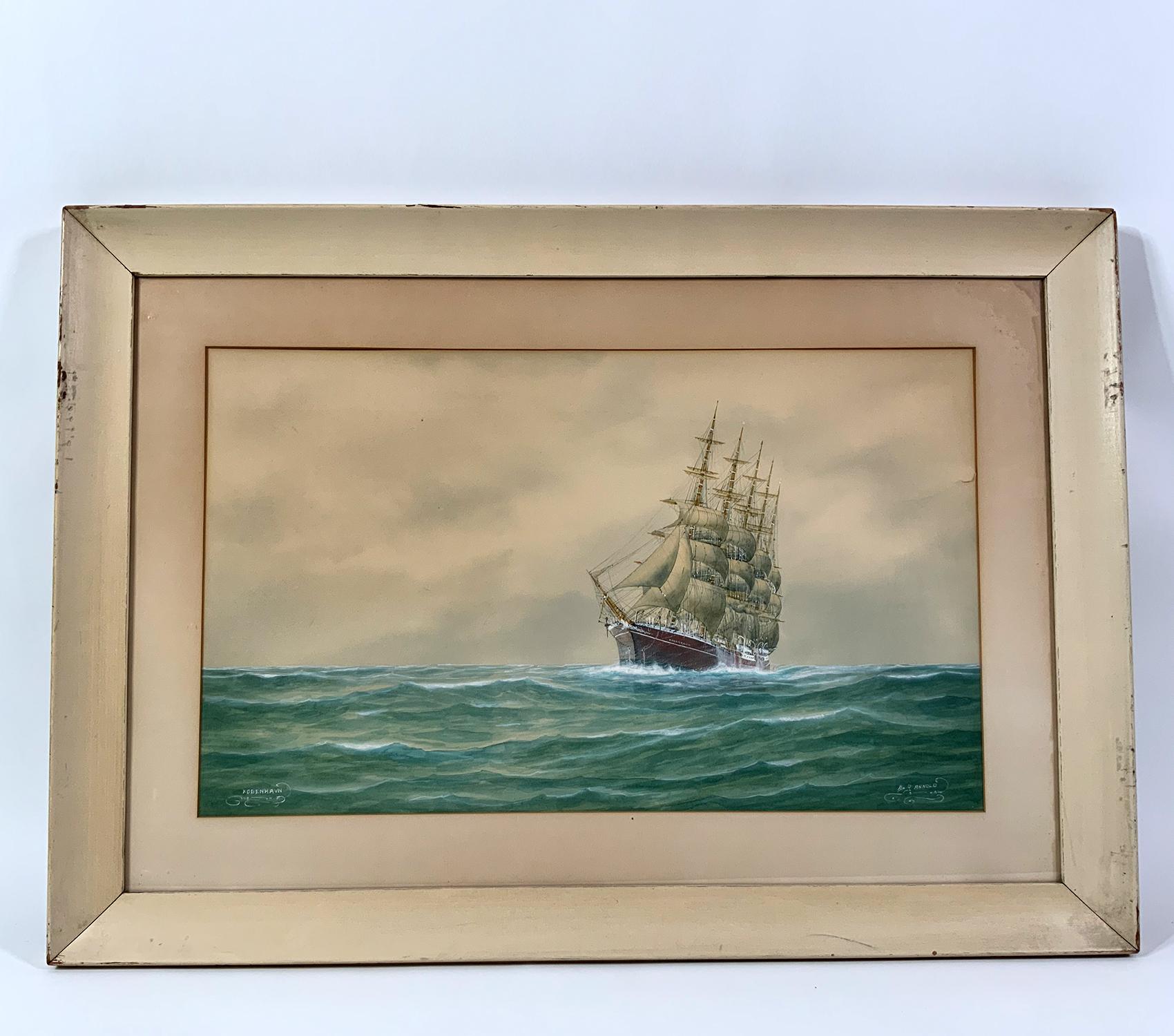 Well executed watercolor/gouache showing the great windjammer Kobenhaven under sail. The massive four masted barque has most sails set. Matted and framed. Titled lower left “Kobenhavn” and signed J Arnold lower right.

Weight: 8 LBS
Overall