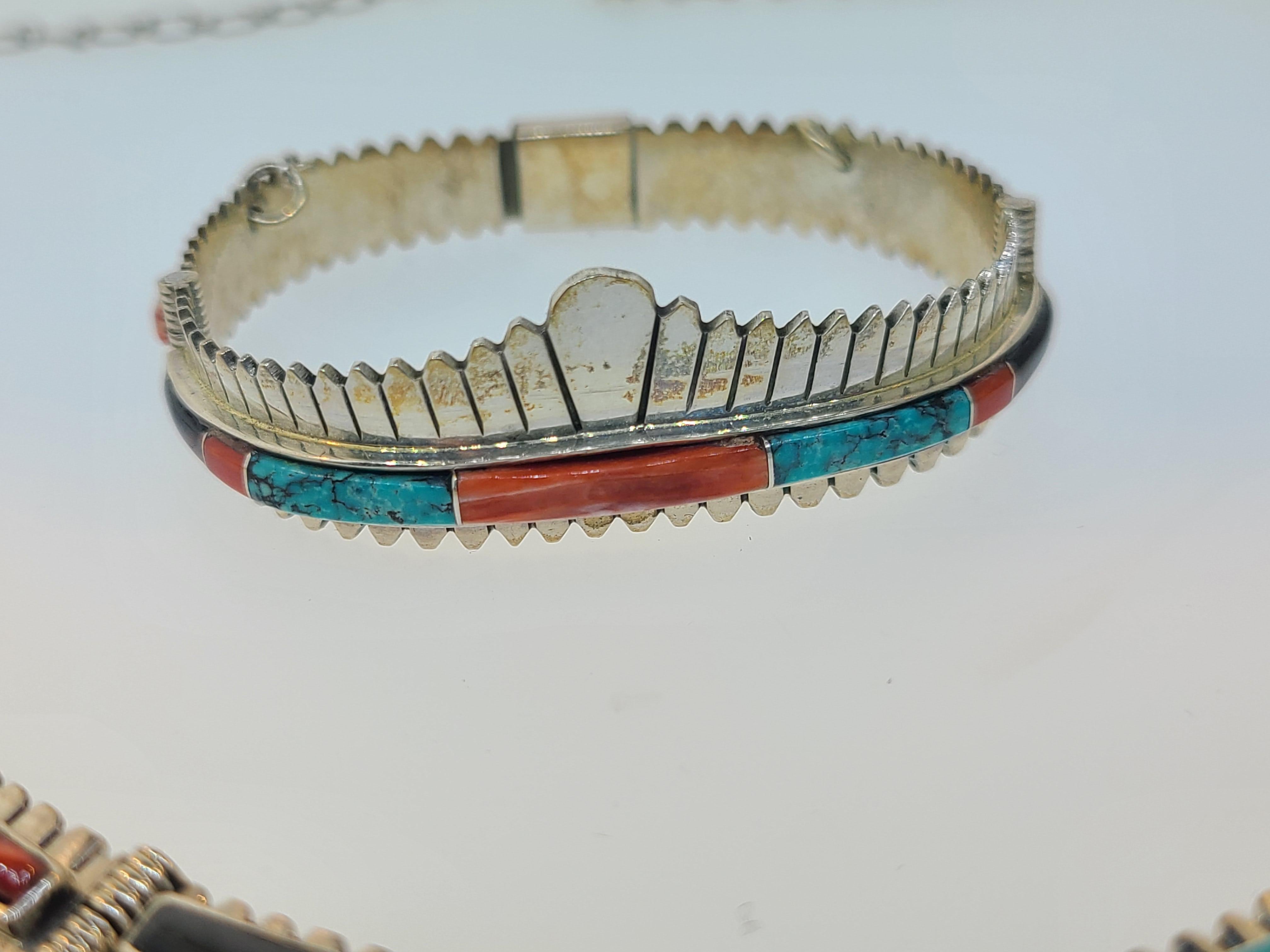 Native American Jay Boyd Navajo Pawn Turquoise, Coral, Jet Black Inlay Necklace & Bracelet