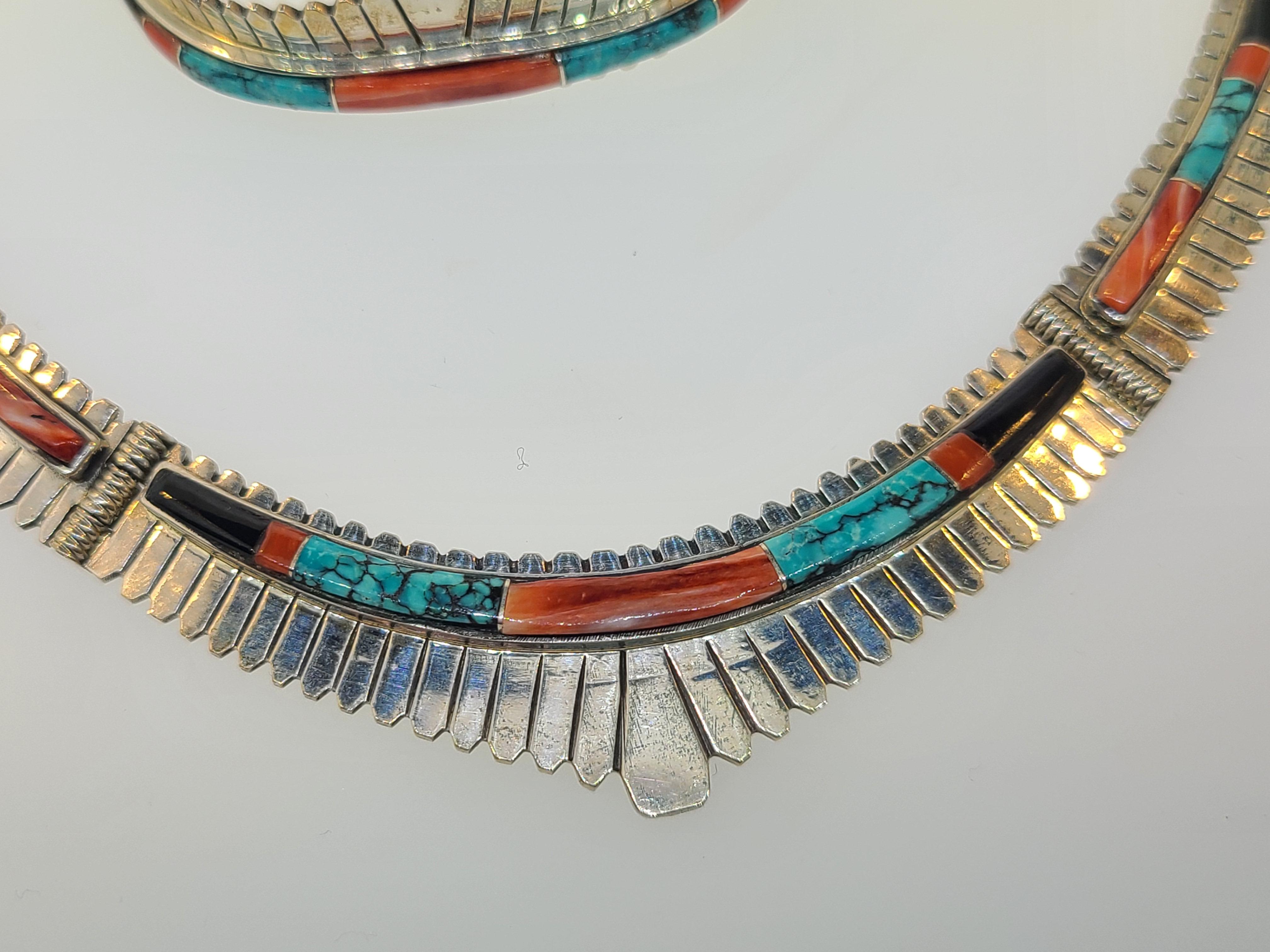 Baguette Cut Jay Boyd Navajo Pawn Turquoise, Coral, Jet Black Inlay Necklace & Bracelet