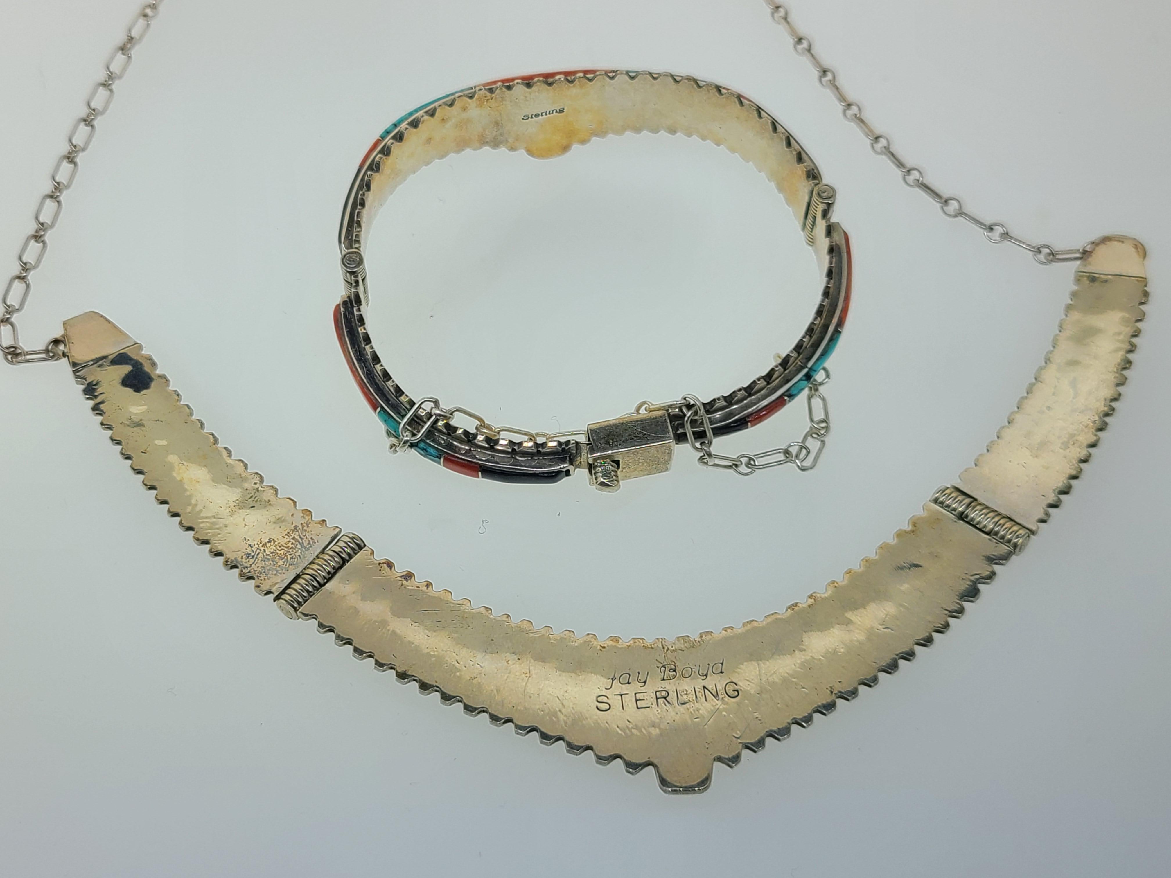 Women's Jay Boyd Navajo Pawn Turquoise, Coral, Jet Black Inlay Necklace & Bracelet