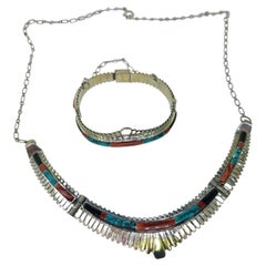 Jay Boyd Navajo Pawn Turquoise, Coral, Jet Black Inlay Necklace & Bracelet