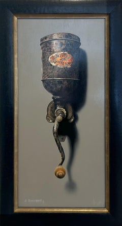 "Kaffeepause (Keep on Grinding)" (2025) Öl-Stillleben-Gemälde auf Tafel