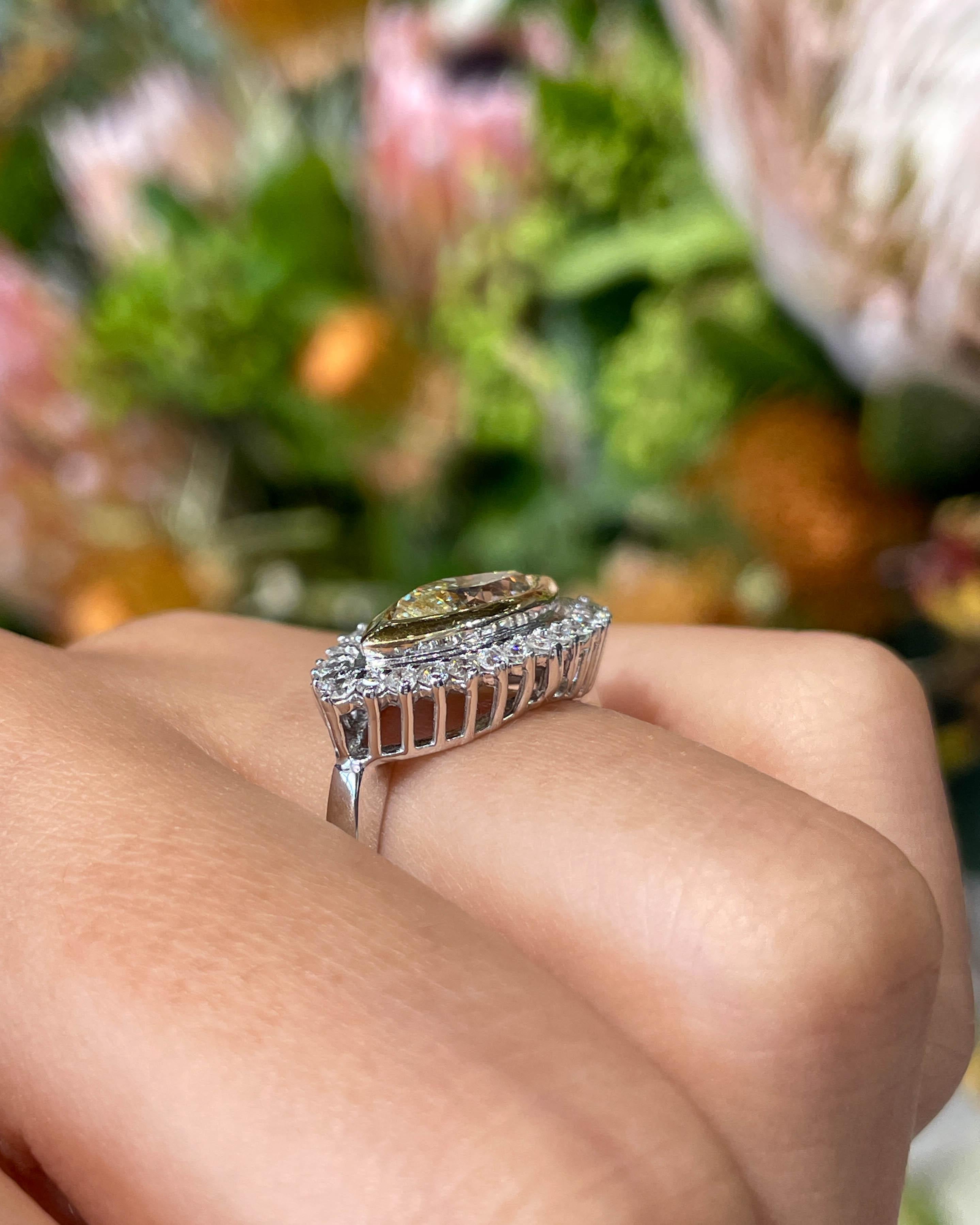 Jay Feder 14k Two-Tone Gold Diamond Halo Yellow Marquise Diamond Engagement Ring In Good Condition In Boca Raton, FL