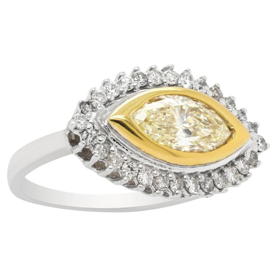 Jay Feder 14k Two-Tone Gold Diamond Halo Yellow Marquise Diamond Engagement Ring For Sale