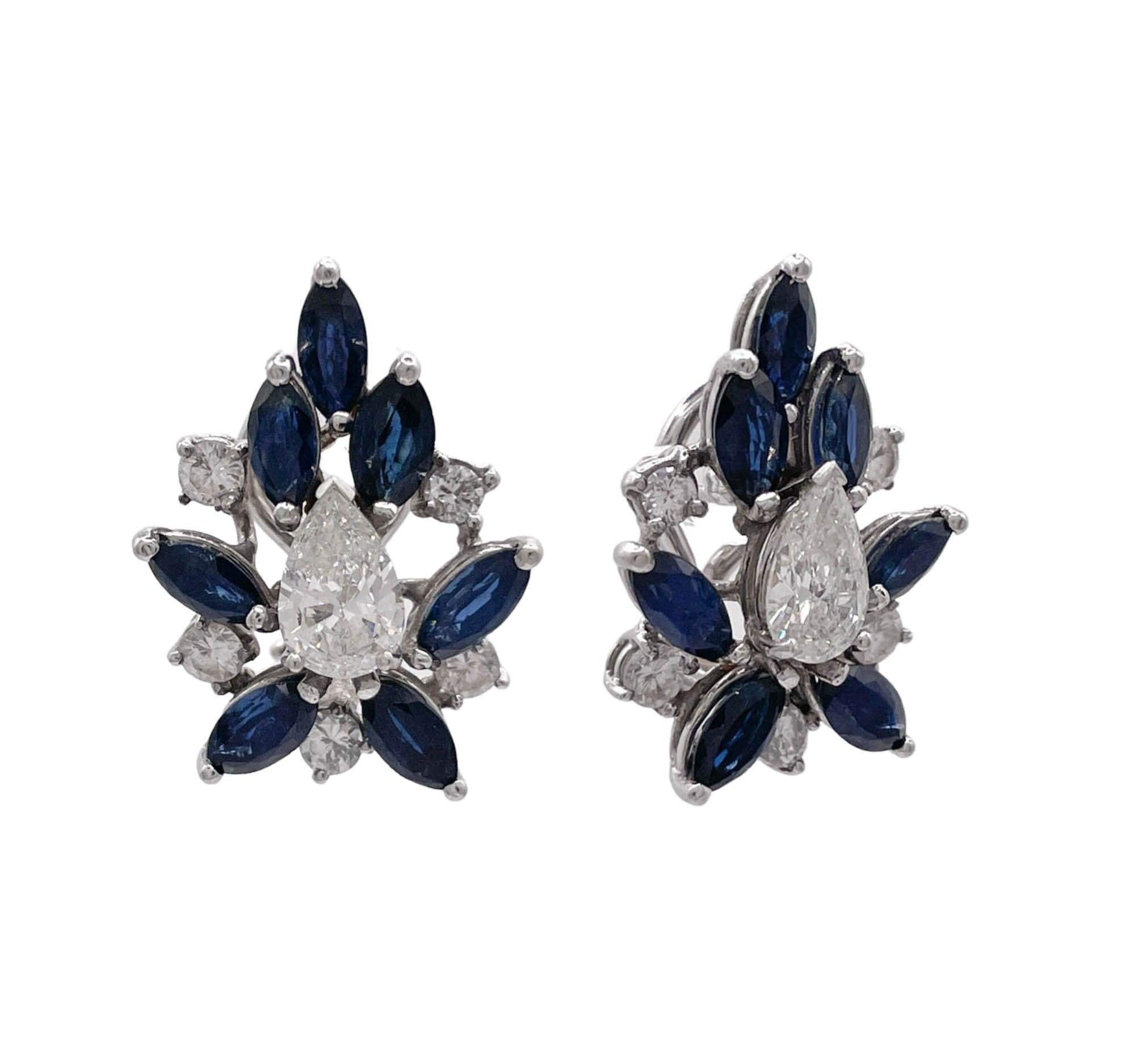 Pear Cut Jay Feder 14k White Gold Blue Sapphire and Diamond Earrings For Sale