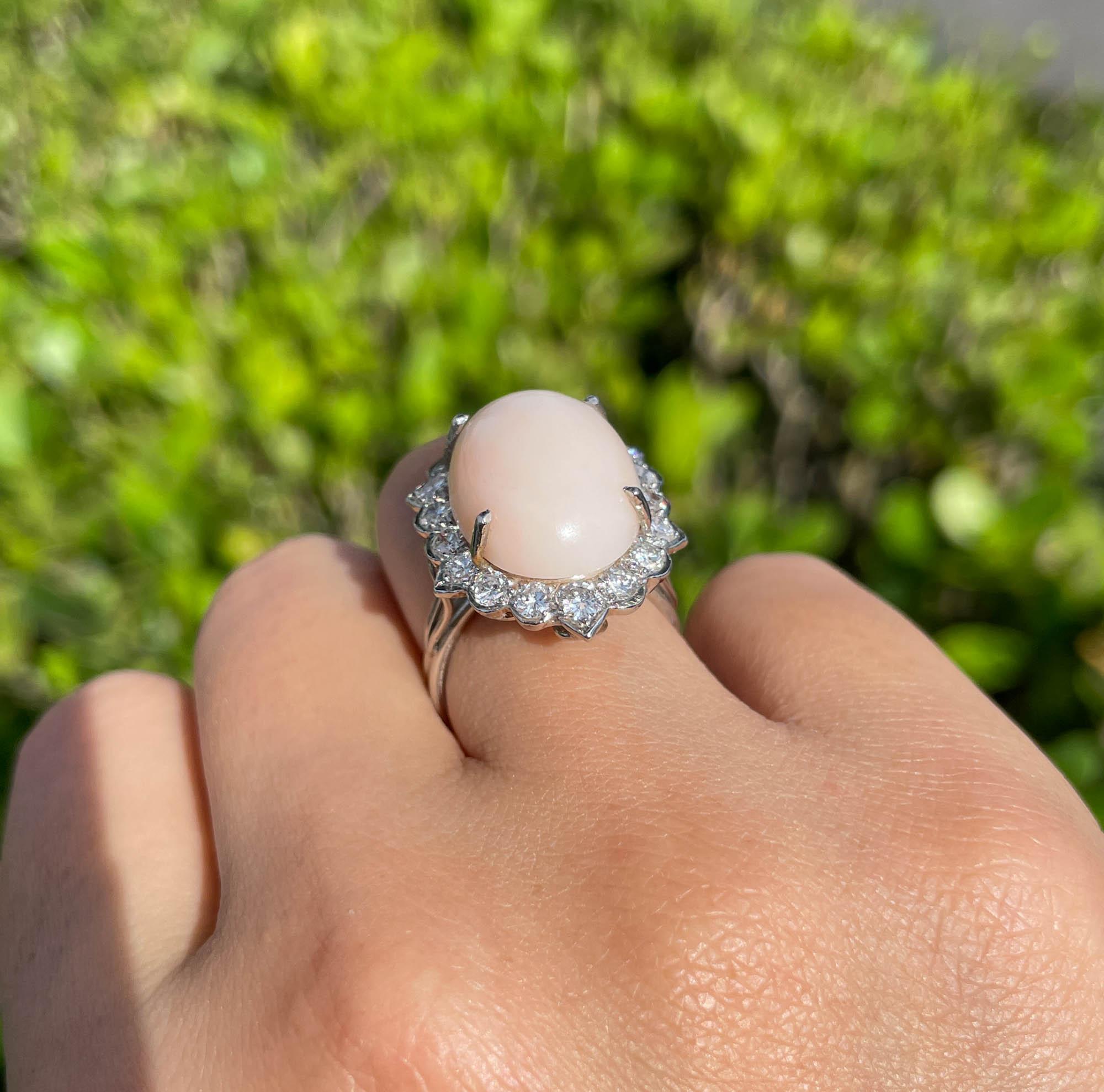 Women's or Men's Jay Feder 14k White Gold Cabochon Pink Coral Diamond Halo Ring For Sale