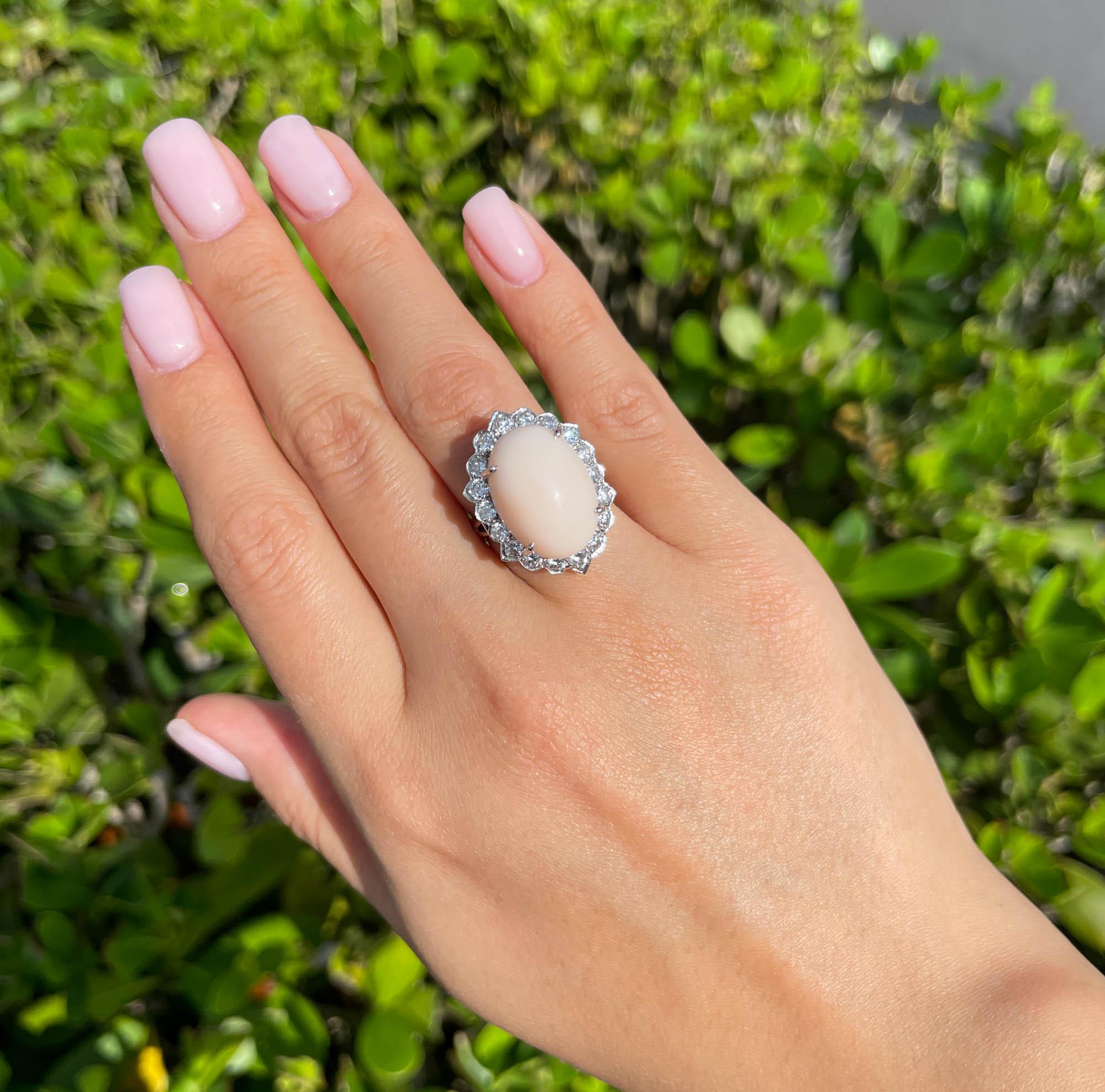 Jay Feder 14k White Gold Cabochon Pink Coral Diamond Halo Ring For Sale 1