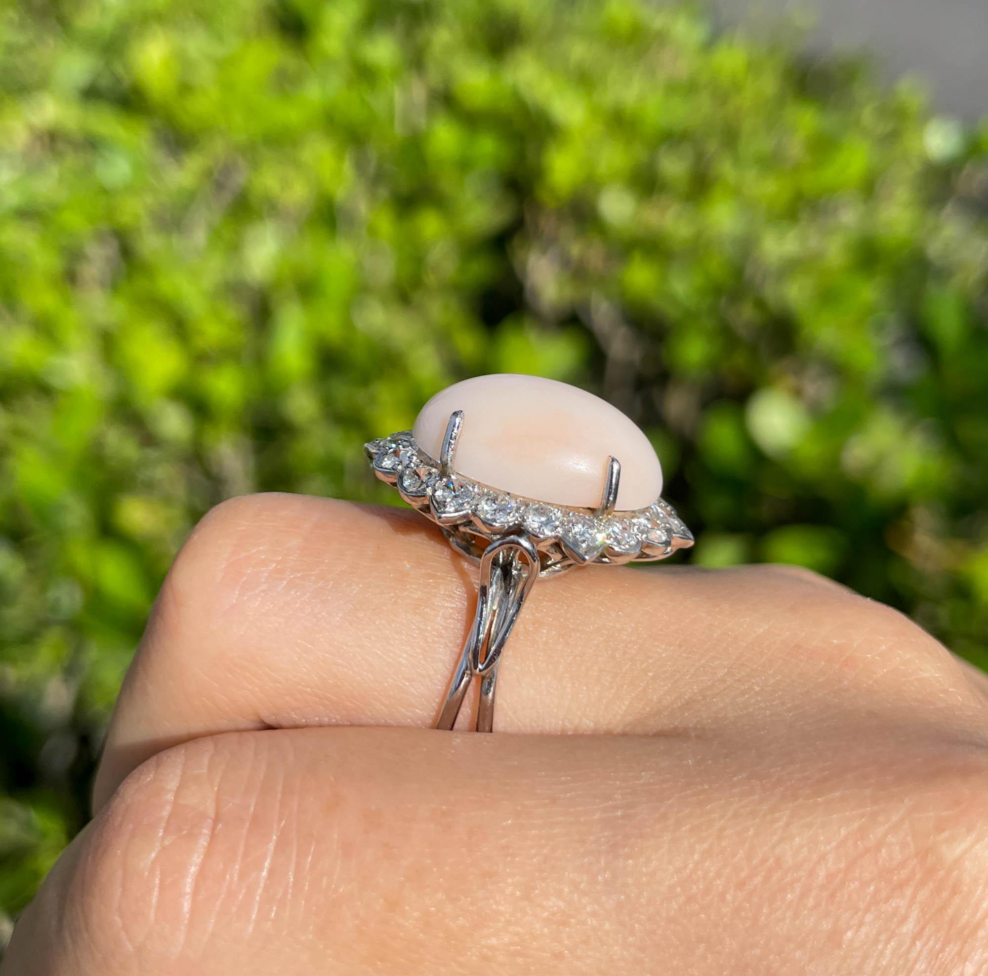 Jay Feder 14k White Gold Cabochon Pink Coral Diamond Halo Ring For Sale 2