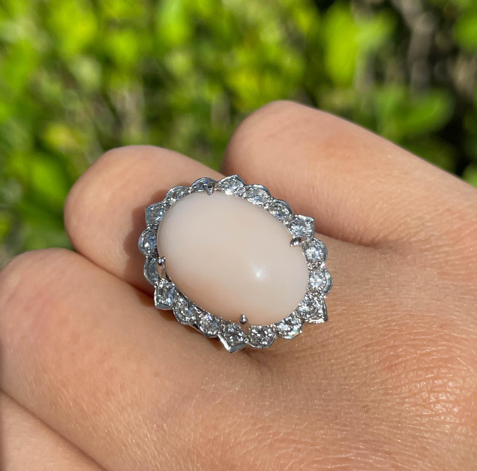 Jay Feder 14k White Gold Cabochon Pink Coral Diamond Halo Ring For Sale 4