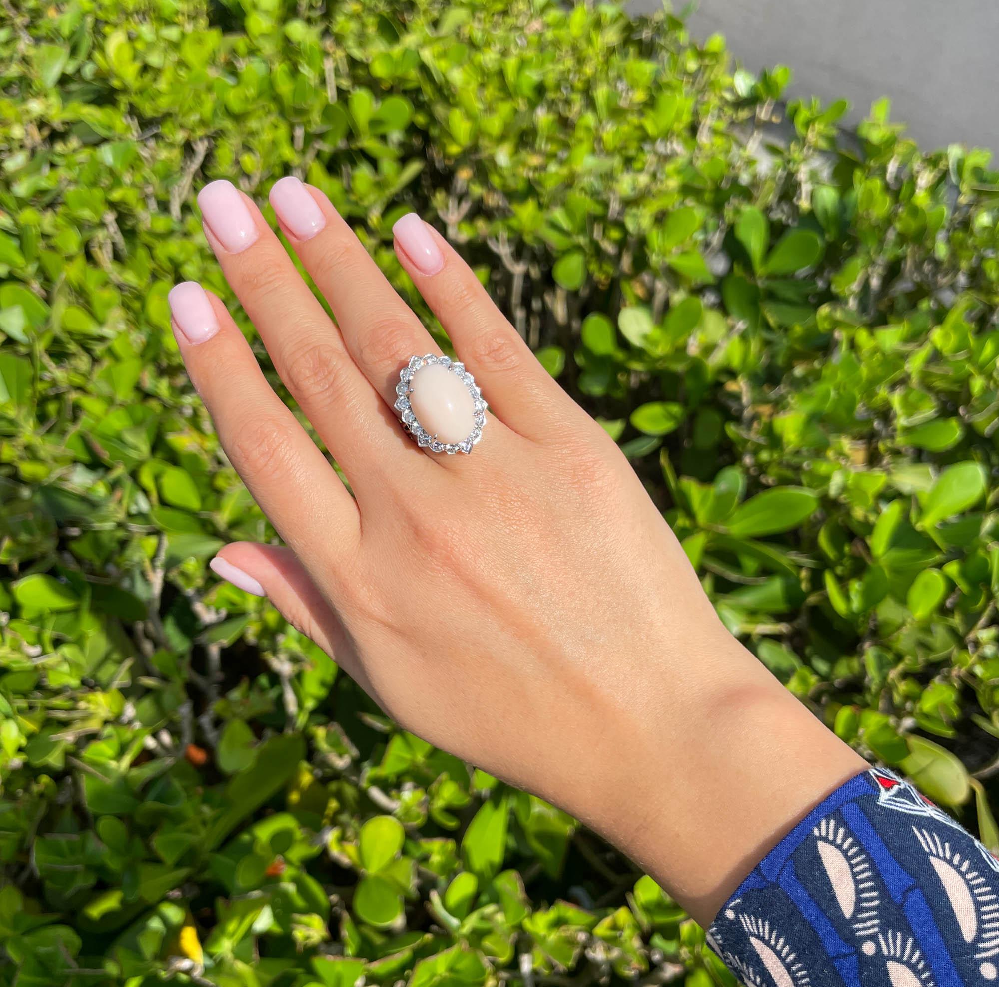Jay Feder 14k White Gold Cabochon Pink Coral Diamond Halo Ring For Sale 5
