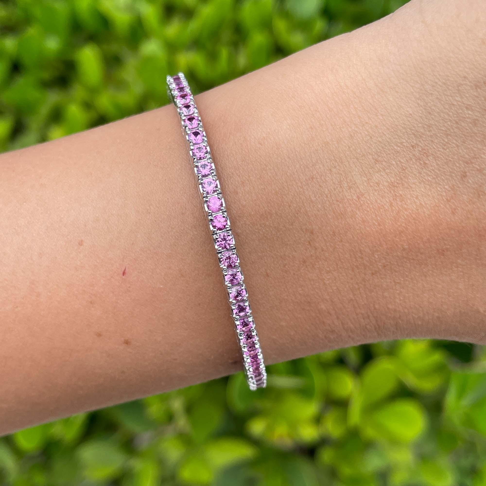 Round Cut Jay Feder 14k White Gold Pink Sapphire Stretch Tennis Bangle Bracelet For Sale