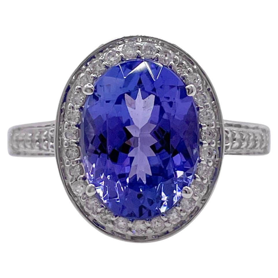 Jay Feder 14k White Gold Tanzanite Diamond Halo Engagement Right Hand Ring 