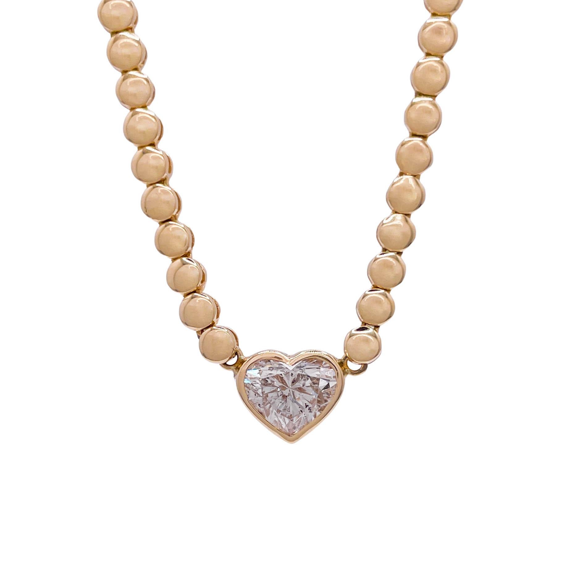 Heart Cut Jay Feder 14k Yellow Gold  1.17ct Heart Diamond Bezel Pendant Bead Necklace For Sale