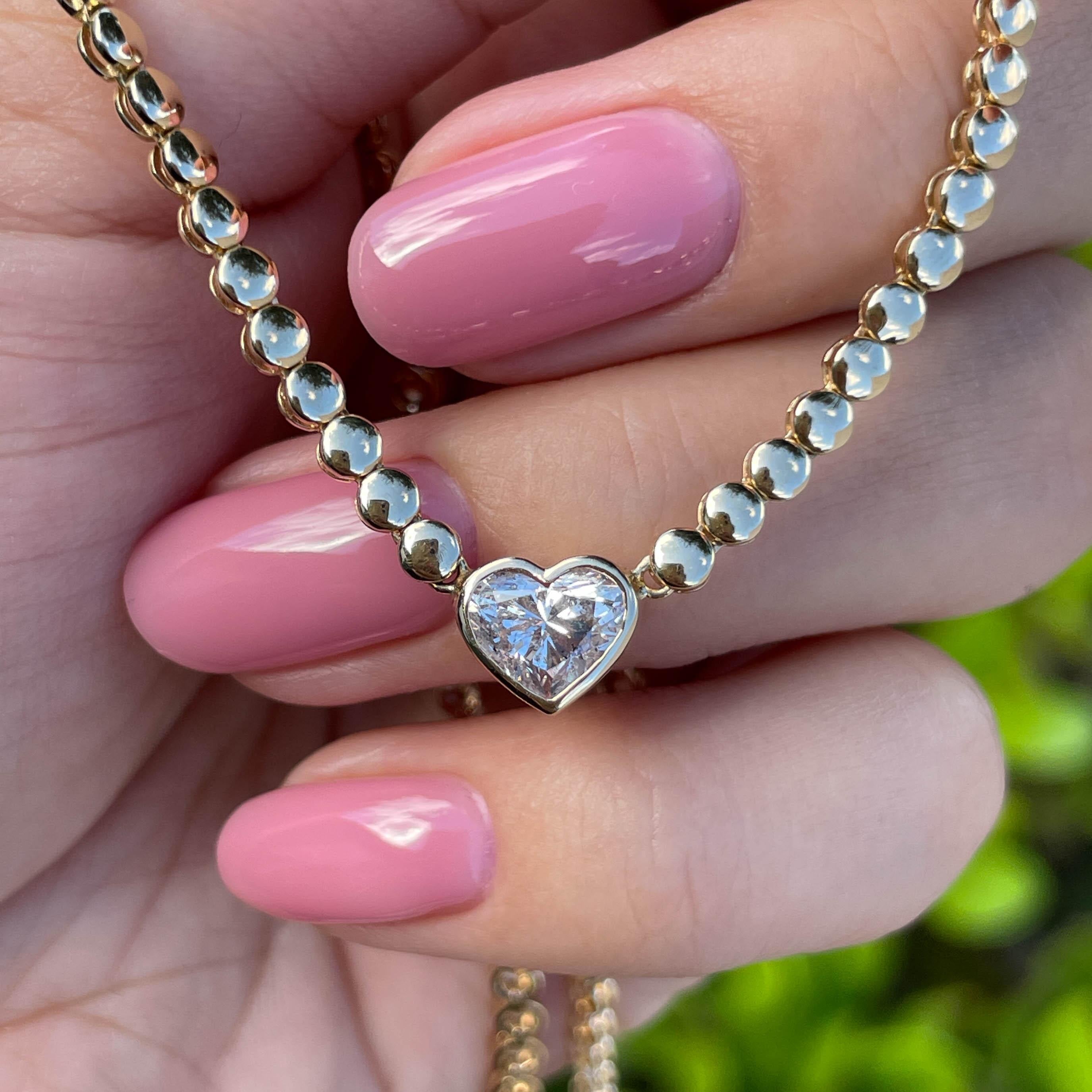 Women's or Men's Jay Feder 14k Yellow Gold  1.17ct Heart Diamond Bezel Pendant Bead Necklace For Sale