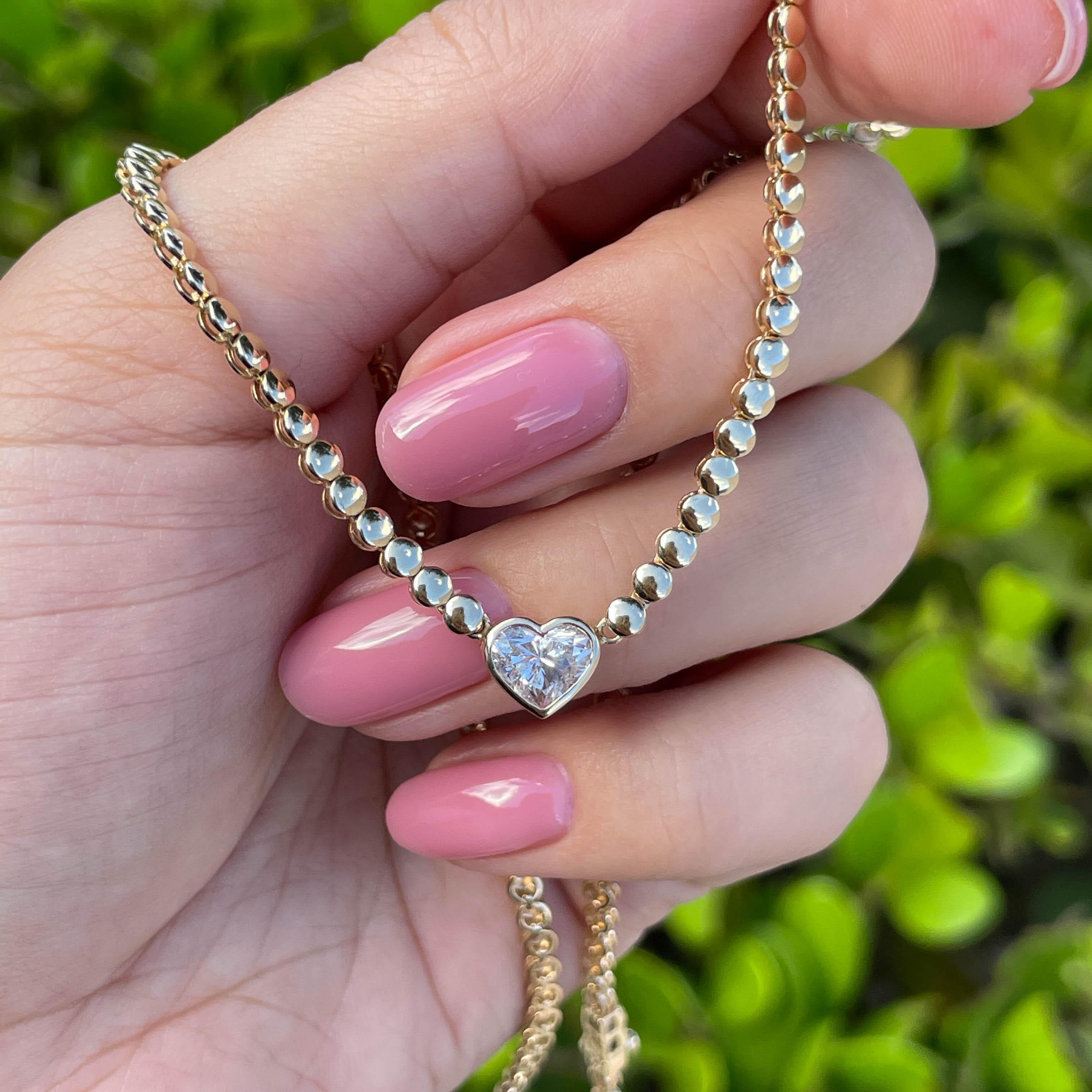 Jay Feder 14k Yellow Gold  1.17ct Heart Diamond Bezel Pendant Bead Necklace For Sale 1