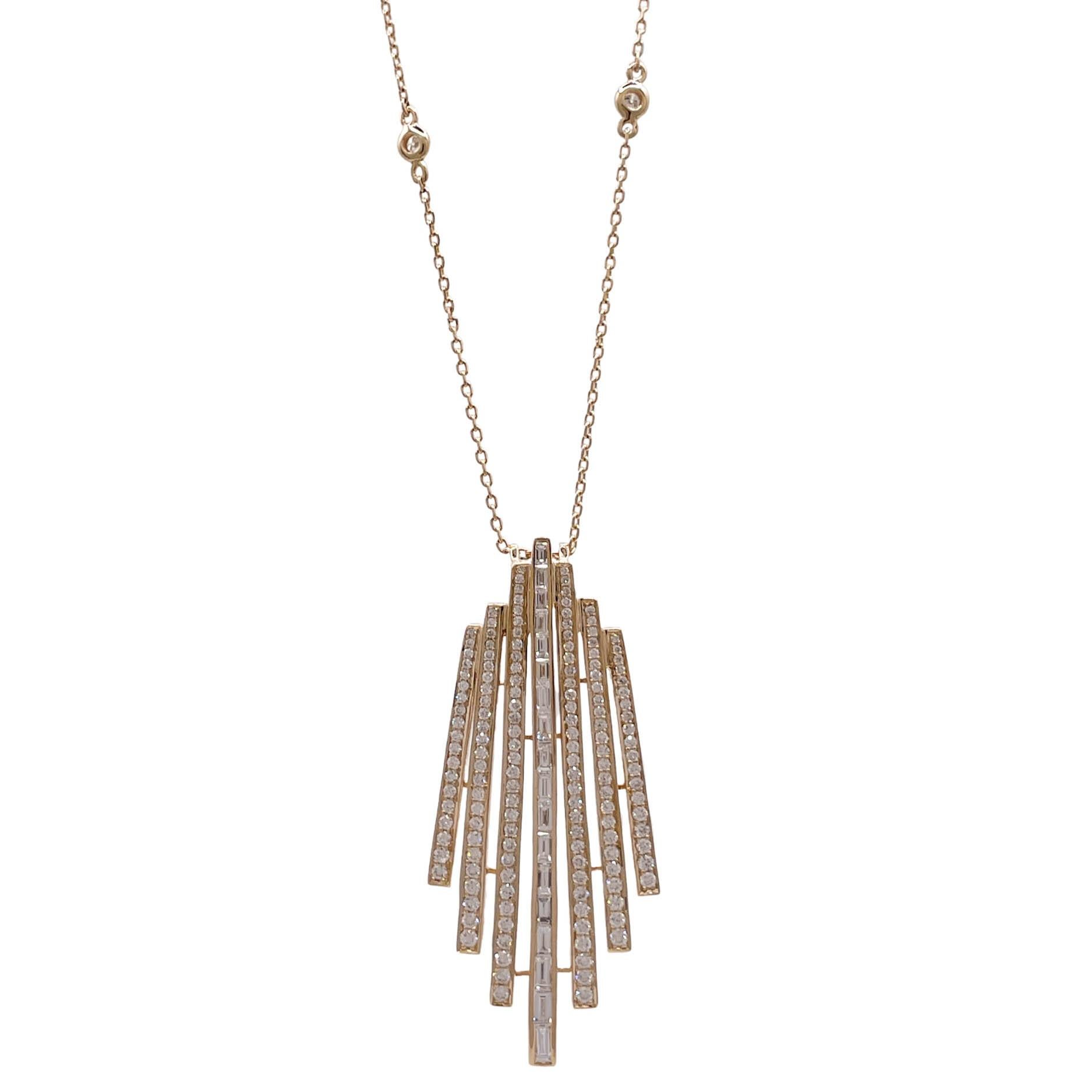 Jay Feder 14k Yellow Gold Diamond 7 Bar Pendant Necklace

Set with 1.38ctw round diamond and 0.63ct straight baguettes.

The pendants measurements are 3 inches long and 21.54mm wide. The chain is 18-19.5 inches long. Total weight is 12.9 grams.